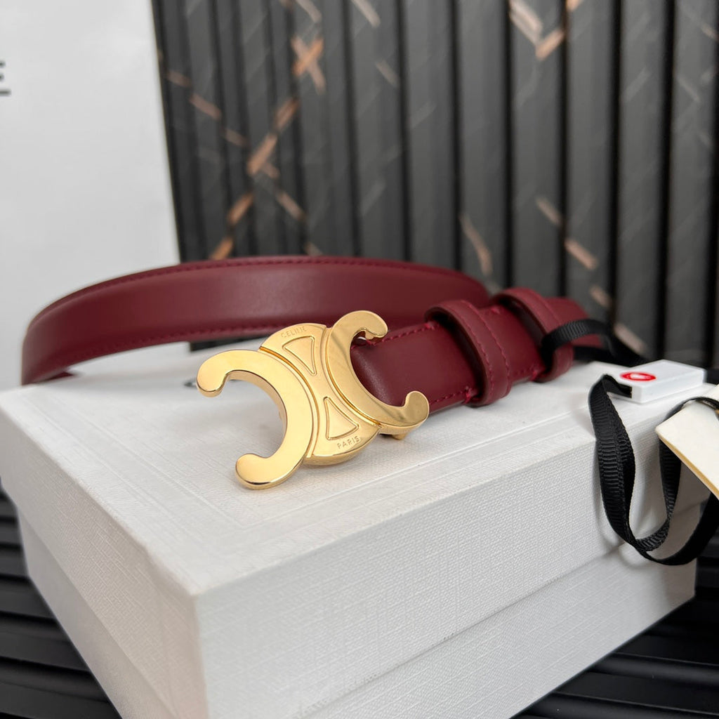 CELINE CL TRIOMPHE 25 MM BELT IN CURRANT RED CALFSKIN GOLD HARDWARE