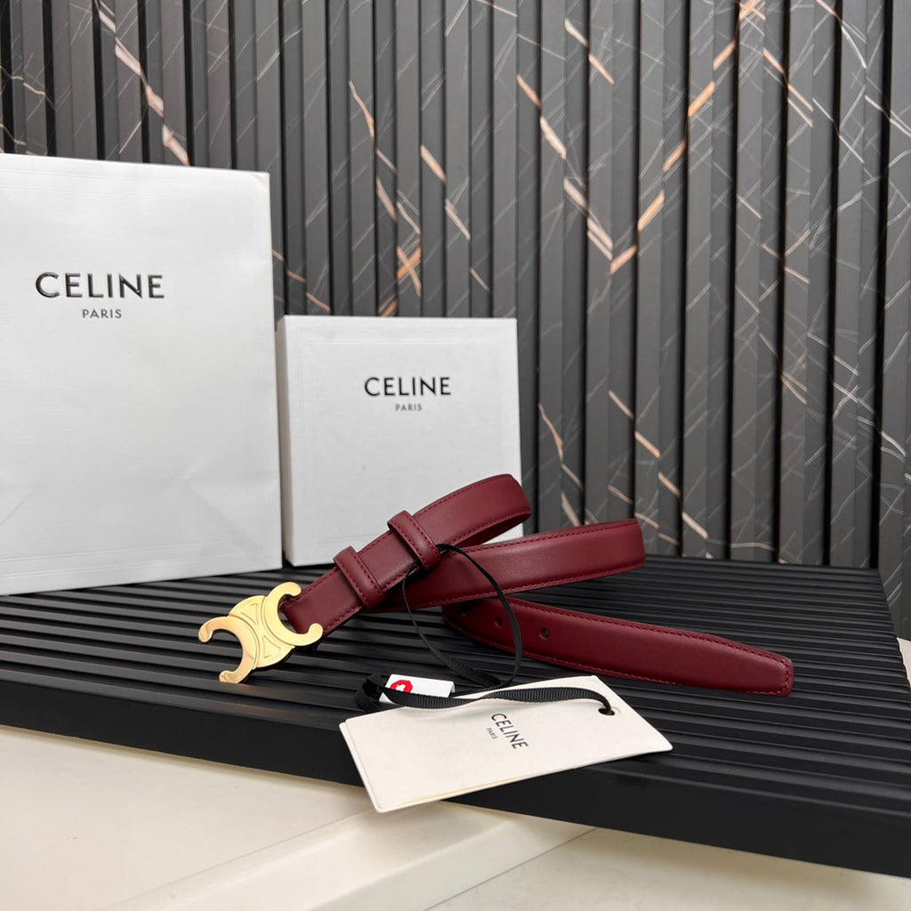 CELINE CL TRIOMPHE 25 MM BELT IN CURRANT RED CALFSKIN GOLD HARDWARE