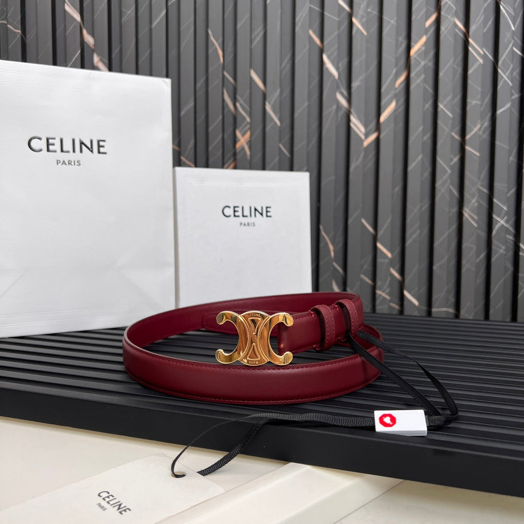 CELINE CL TRIOMPHE 25 MM BELT IN CURRANT RED CALFSKIN GOLD HARDWARE