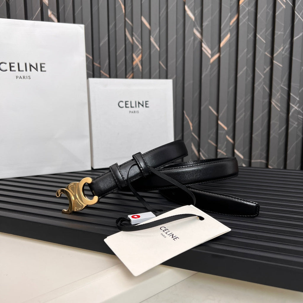 CELINE CL TRIOMPHE 25 MM BELT IN BLACK SOLF CALFSKIN GOLD HARDWARE
