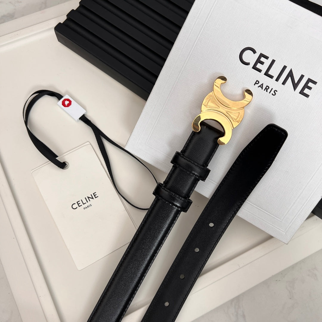 CELINE CL TRIOMPHE 25 MM BELT IN BLACK SOLF CALFSKIN GOLD HARDWARE