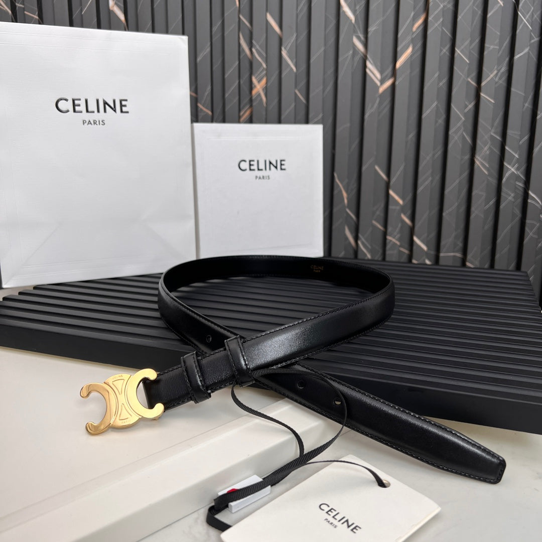 CELINE CL TRIOMPHE 25 MM BELT IN BLACK SOLF CALFSKIN GOLD HARDWARE