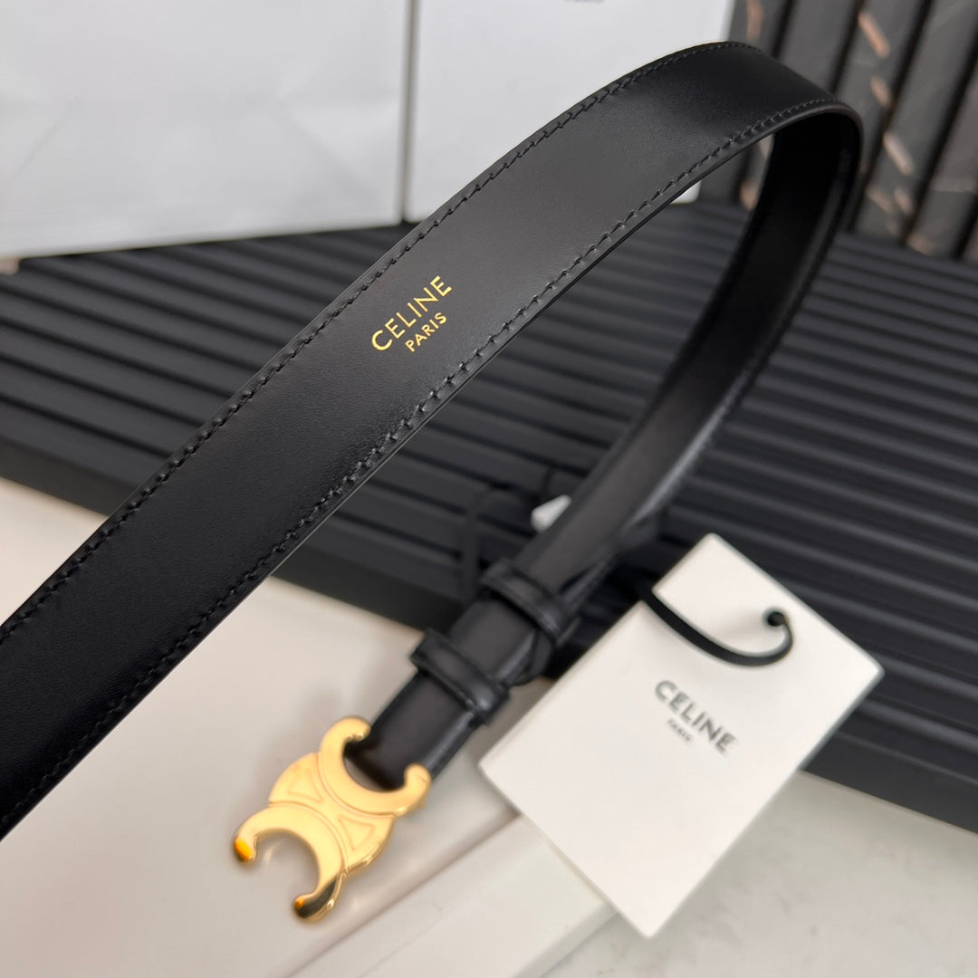 CELINE CL TRIOMPHE 25 MM BELT IN BLACK SOLF CALFSKIN GOLD HARDWARE