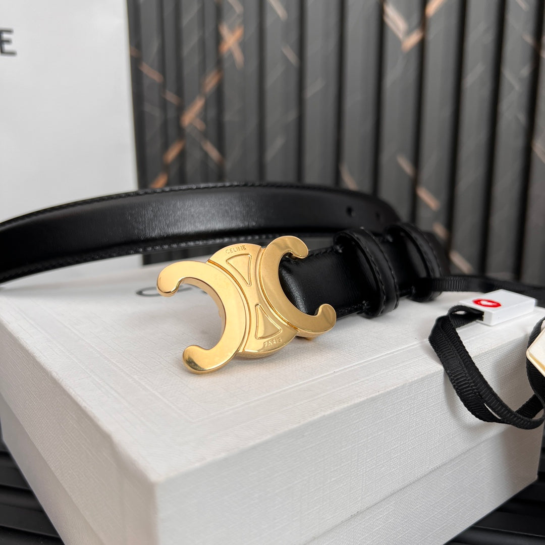 CELINE CL TRIOMPHE 25 MM BELT IN BLACK SOLF CALFSKIN GOLD HARDWARE
