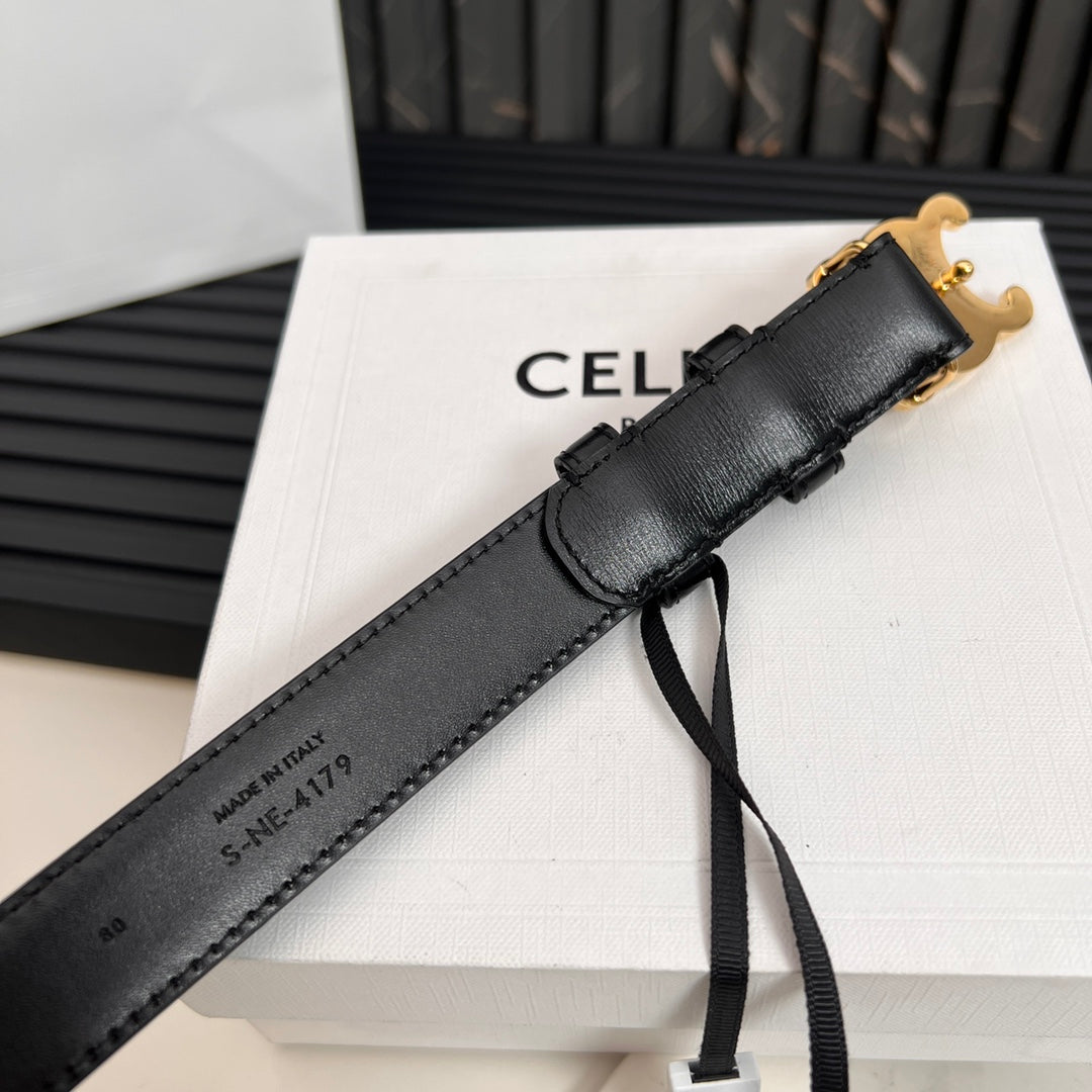 CELINE CL TRIOMPHE 25 MM BELT IN BLACK SOLF CALFSKIN GOLD HARDWARE
