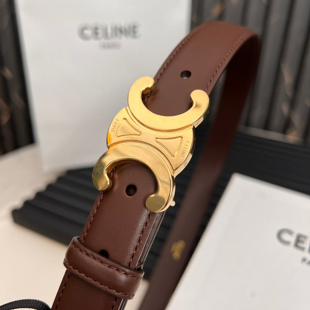 CELINE CL TRIOMPHE 25 MM BELT IN PENNY BROWN CALFSKIN GOLD HARDWARE