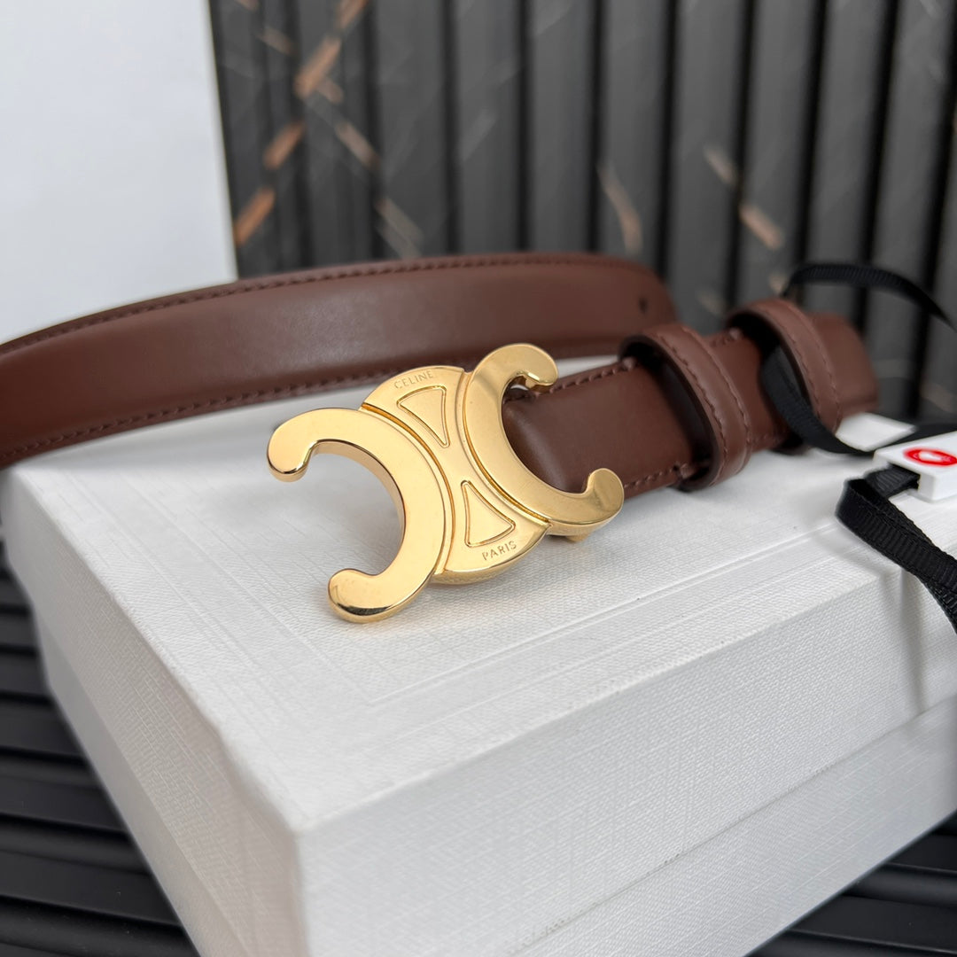 CELINE CL TRIOMPHE 25 MM BELT IN PENNY BROWN CALFSKIN GOLD HARDWARE