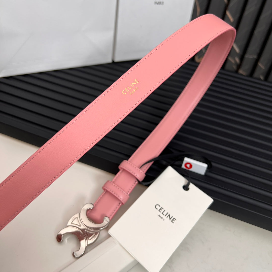 CELINE TRIOMPHE 25 MM BELT IN BLUSH PINK CALFSKIN SILVER HARDWARE