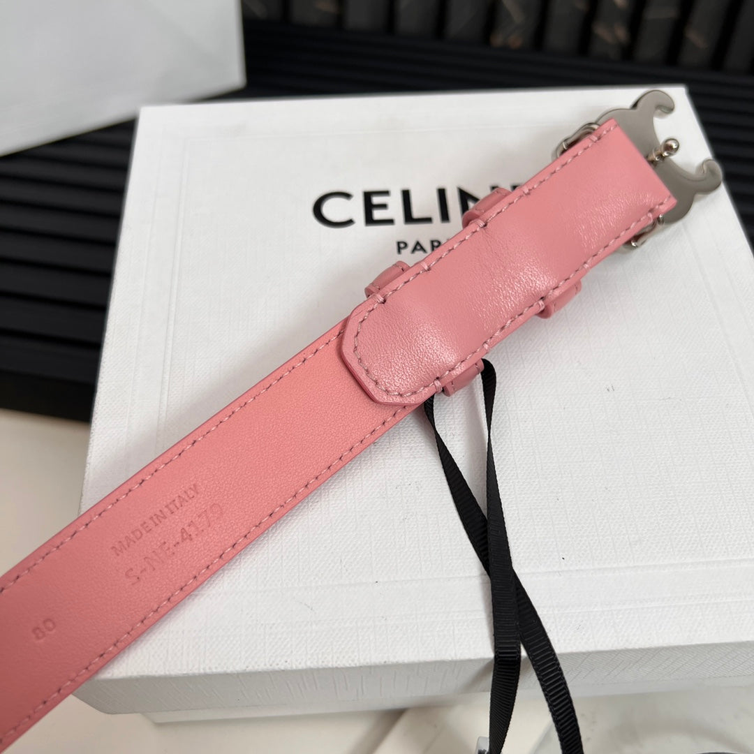 CELINE TRIOMPHE 25 MM BELT IN BLUSH PINK CALFSKIN SILVER HARDWARE