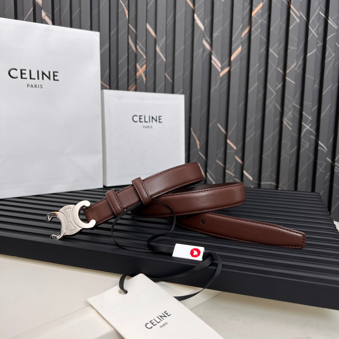 CELINE TRIOMPHE 25 MM BELT IN DARK BROWN CALFSKIN SILVER HARDWARE