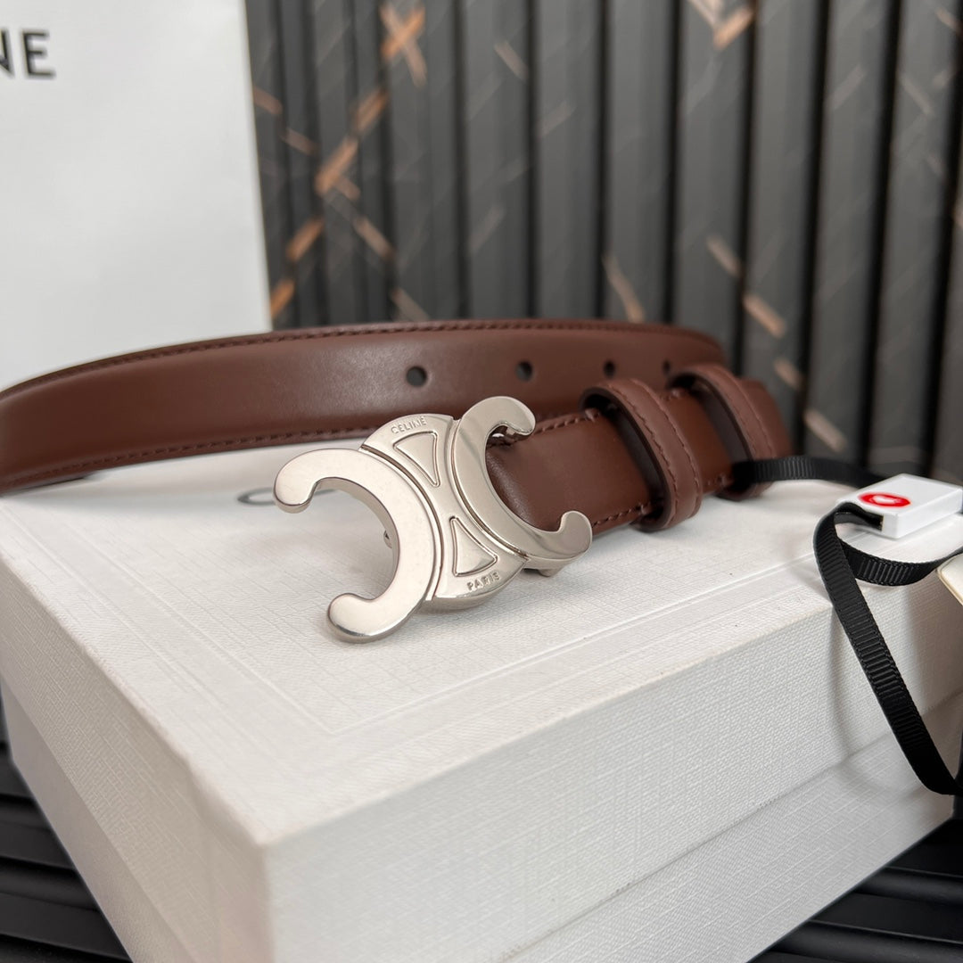CELINE TRIOMPHE 25 MM BELT IN DARK BROWN CALFSKIN SILVER HARDWARE