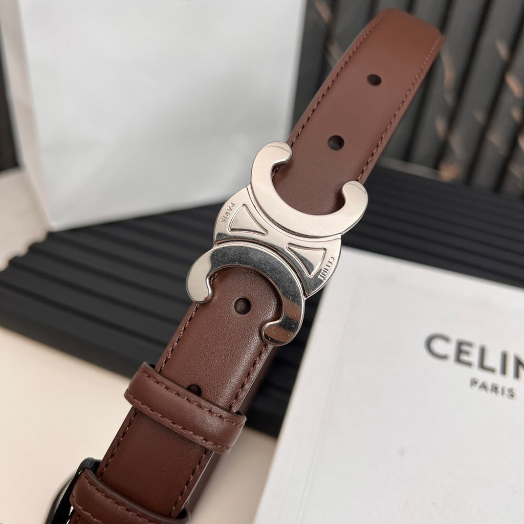 CELINE TRIOMPHE 25 MM BELT IN DARK BROWN CALFSKIN SILVER HARDWARE