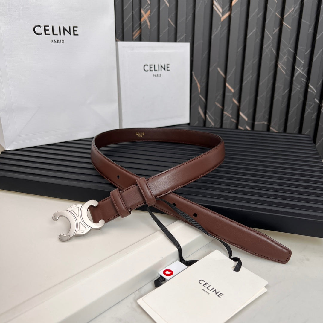 CELINE TRIOMPHE 25 MM BELT IN DARK BROWN CALFSKIN SILVER HARDWARE