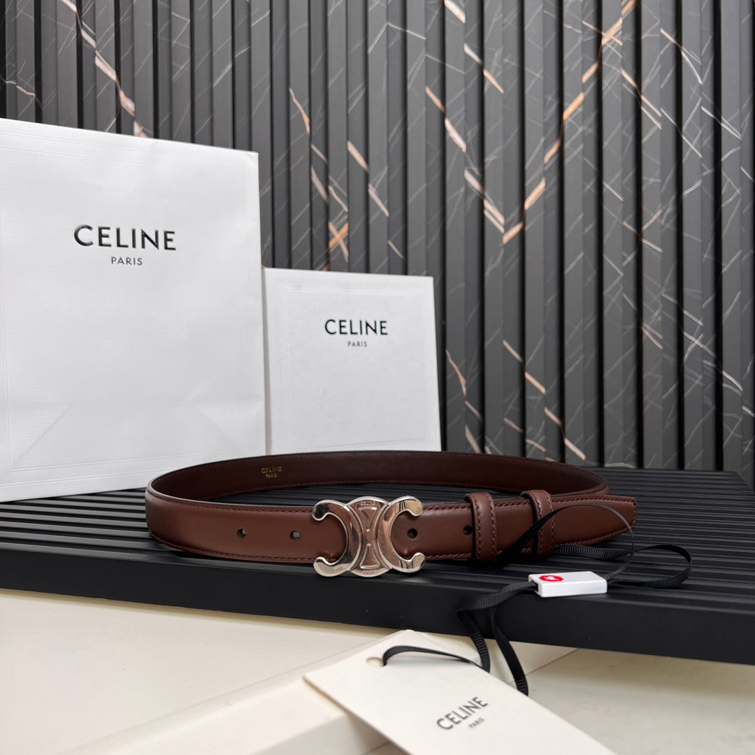 CELINE TRIOMPHE 25 MM BELT IN DARK BROWN CALFSKIN SILVER HARDWARE