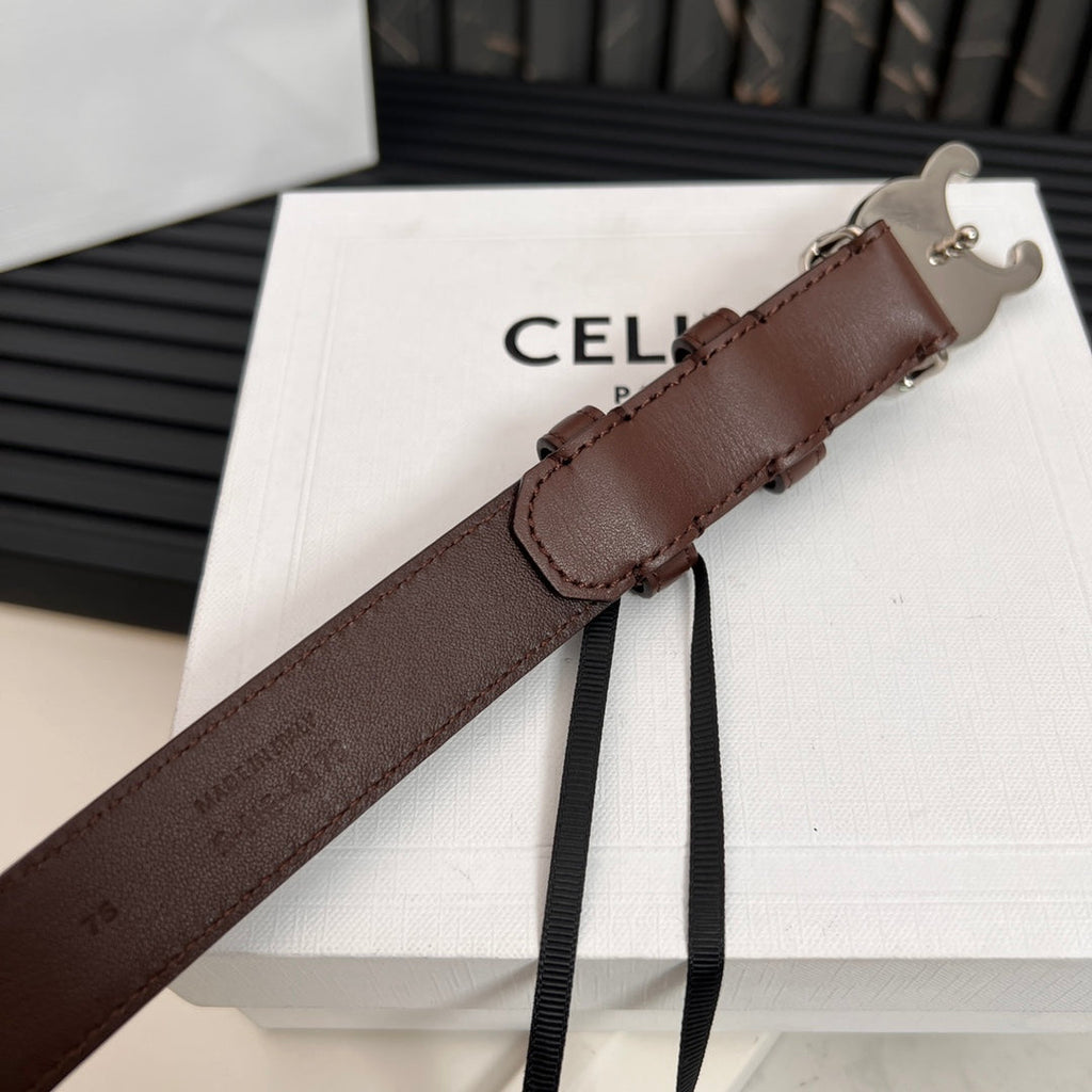 CELINE TRIOMPHE 25 MM BELT IN DARK BROWN CALFSKIN SILVER HARDWARE