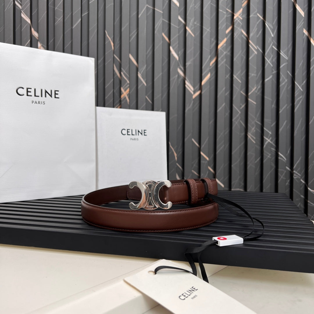 CELINE TRIOMPHE 25 MM BELT IN DARK BROWN CALFSKIN SILVER HARDWARE