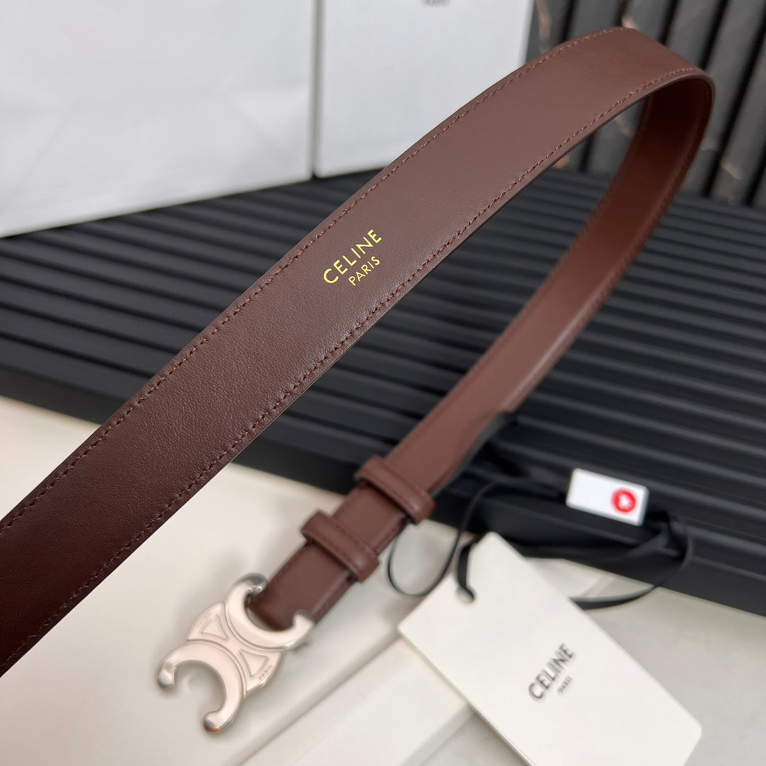 CELINE TRIOMPHE 25 MM BELT IN DARK BROWN CALFSKIN SILVER HARDWARE