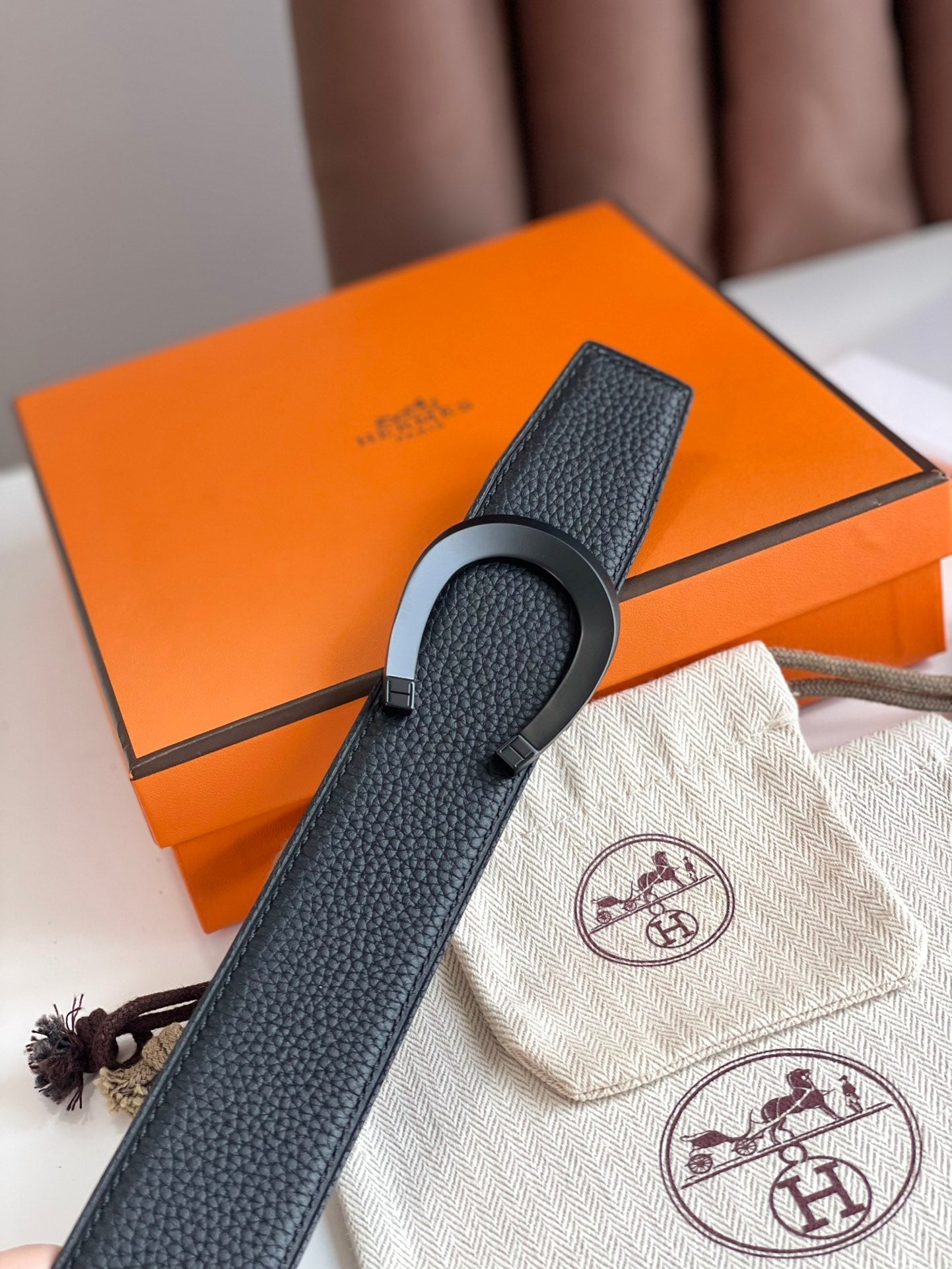HERMES LUCK BELT BUCKLE & REVERSIBLE BLACK LEATHER STRAP 38MM BLACK HARDWARE