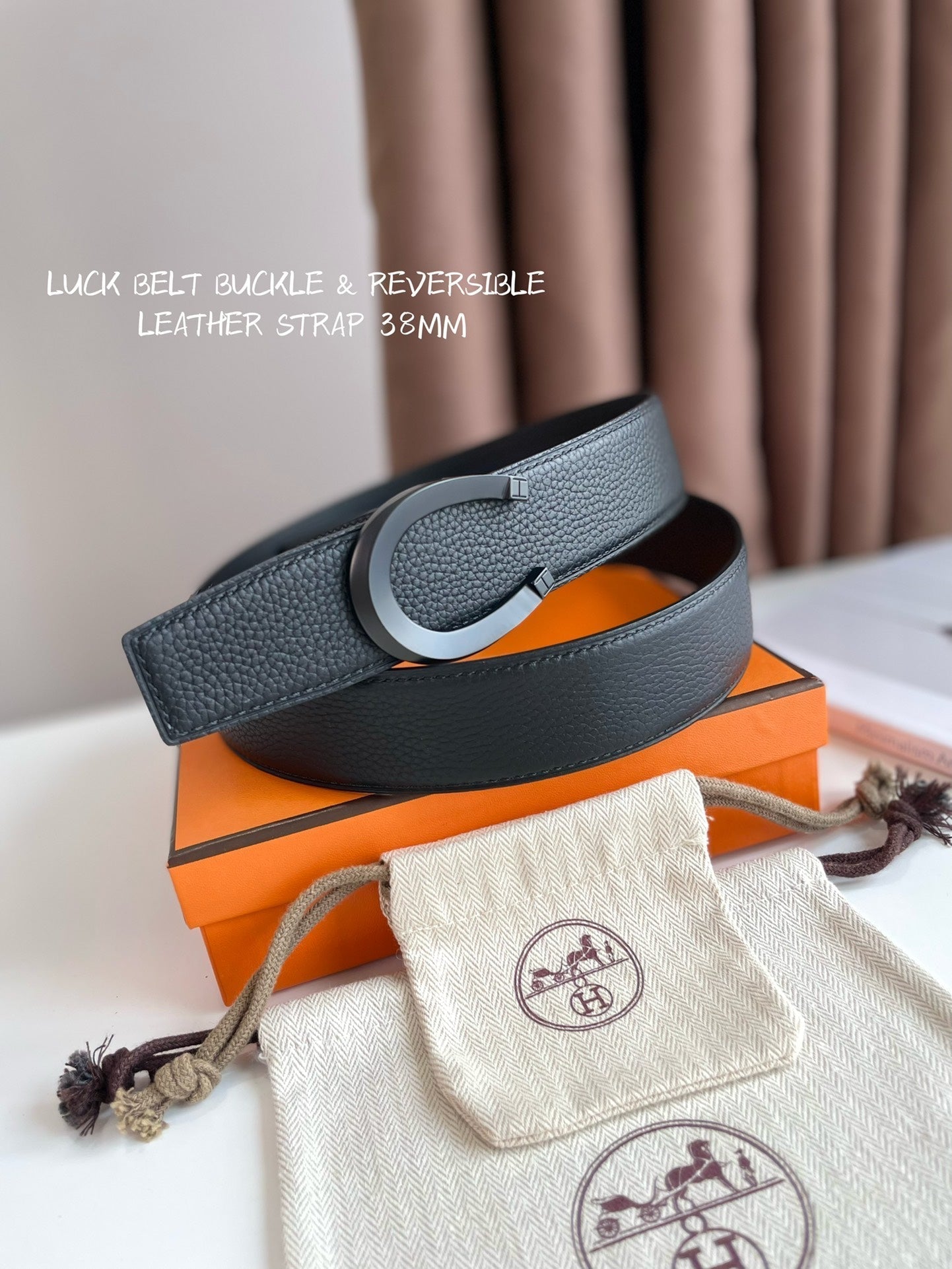HERMES LUCK BELT BUCKLE & REVERSIBLE BLACK LEATHER STRAP 38MM BLACK HARDWARE