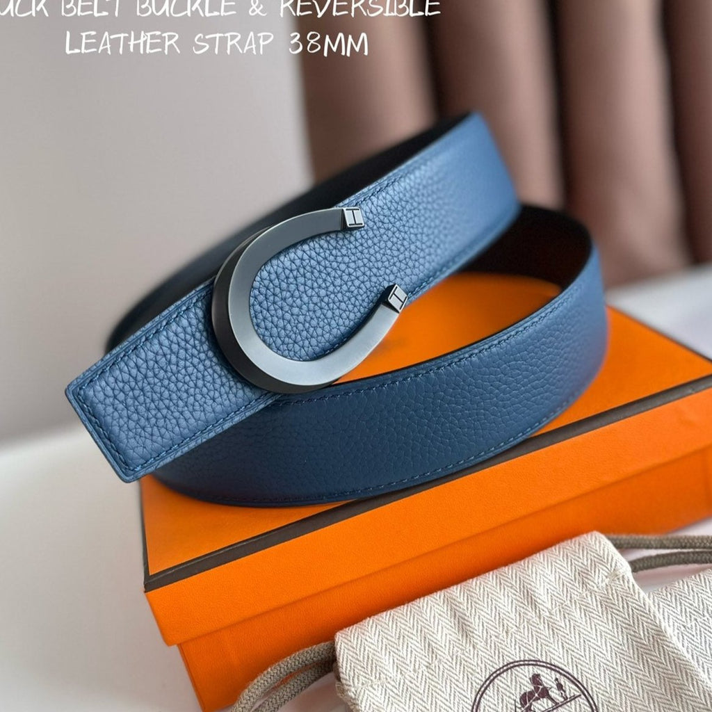 HERMES LUCK BELT BUCKLE & REVERSIBLE NAVY BLUE LEATHER STRAP 38MM BLACK HARDWARE