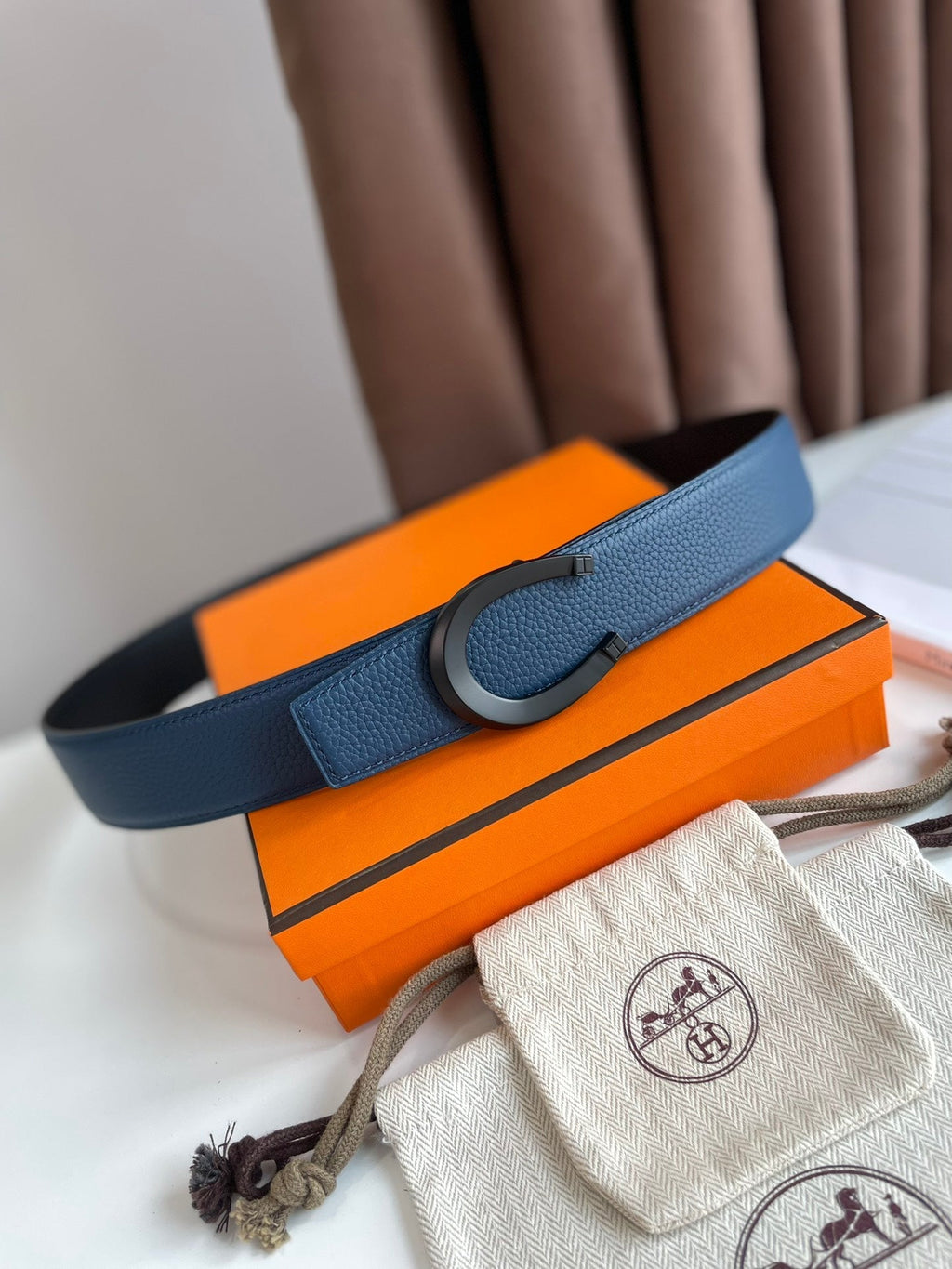 HERMES LUCK BELT BUCKLE & REVERSIBLE NAVY BLUE LEATHER STRAP 38MM BLACK HARDWARE