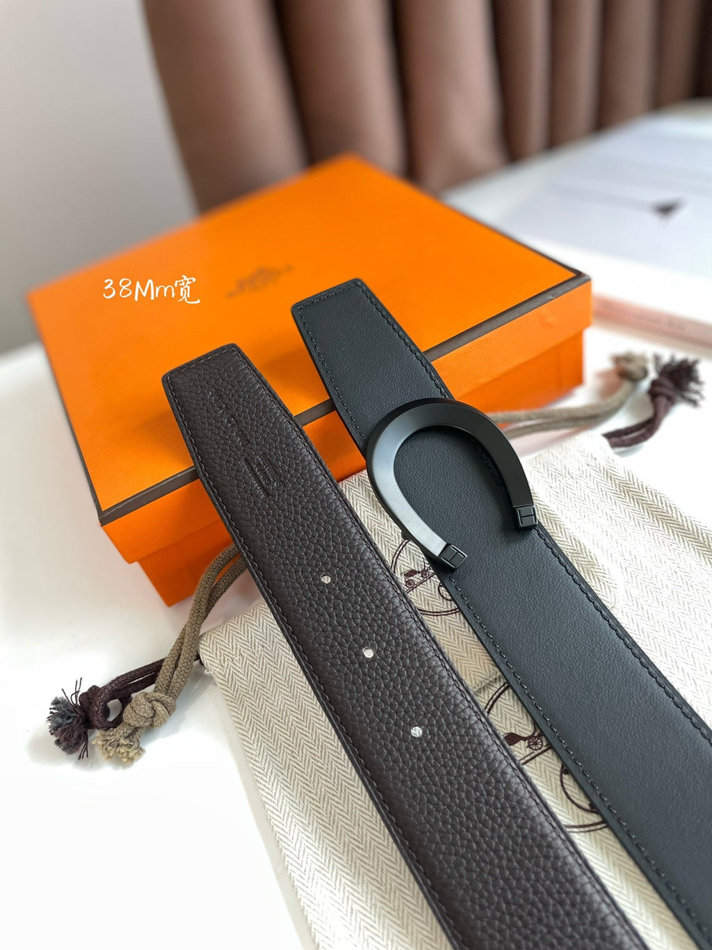 HERMES LUCK BELT BUCKLE & REVERSIBLE CHOCOLATE BROWN LEATHER STRAP 38MM BLACK HARDWARE