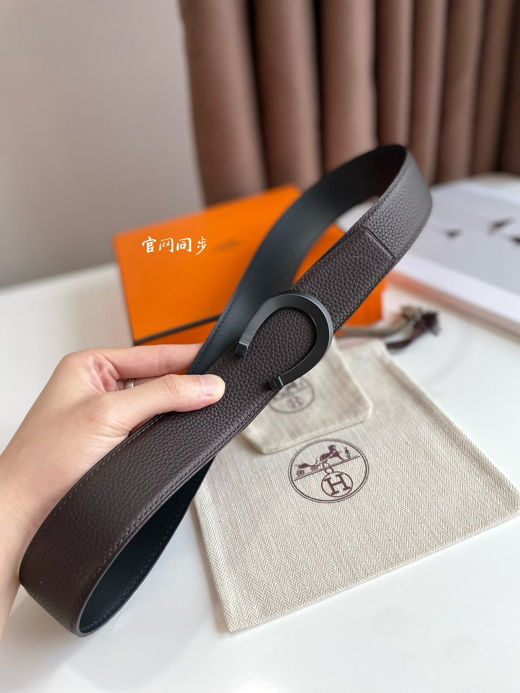 HERMES LUCK BELT BUCKLE & REVERSIBLE CHOCOLATE BROWN LEATHER STRAP 38MM BLACK HARDWARE