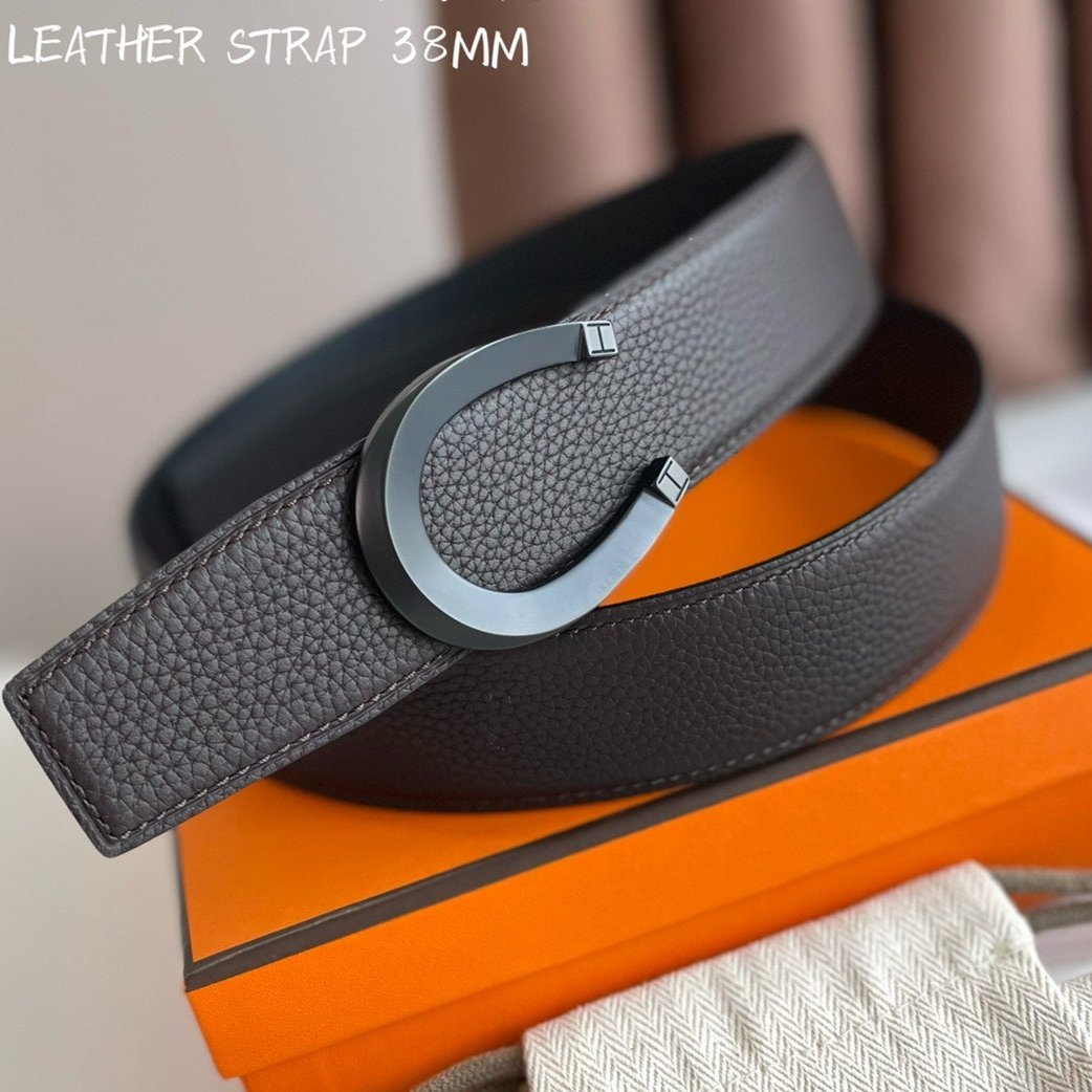 HERMES LUCK BELT BUCKLE & REVERSIBLE CHOCOLATE BROWN LEATHER STRAP 38MM BLACK HARDWARE