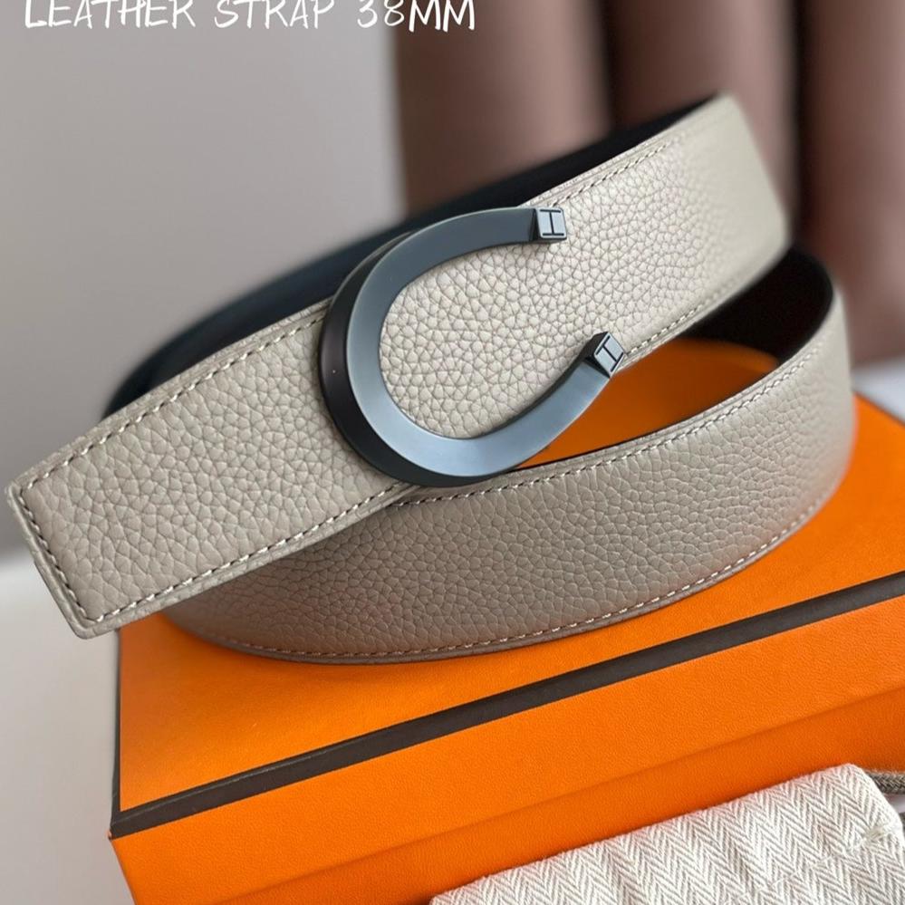 HERMES LUCK BELT BUCKLE & REVERSIBLE KHAKI BROWN LEATHER STRAP 38MM BLACK HARDWARE
