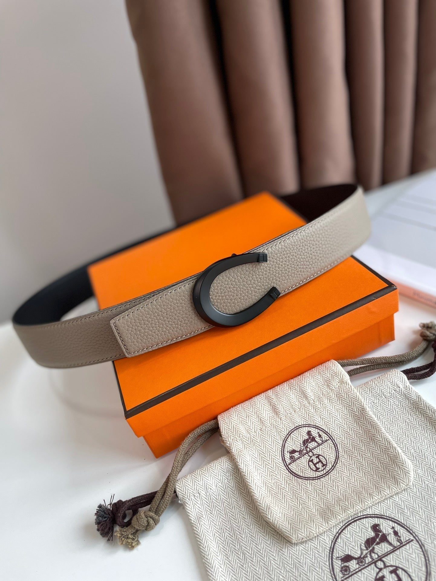 HERMES LUCK BELT BUCKLE & REVERSIBLE KHAKI BROWN LEATHER STRAP 38MM BLACK HARDWARE