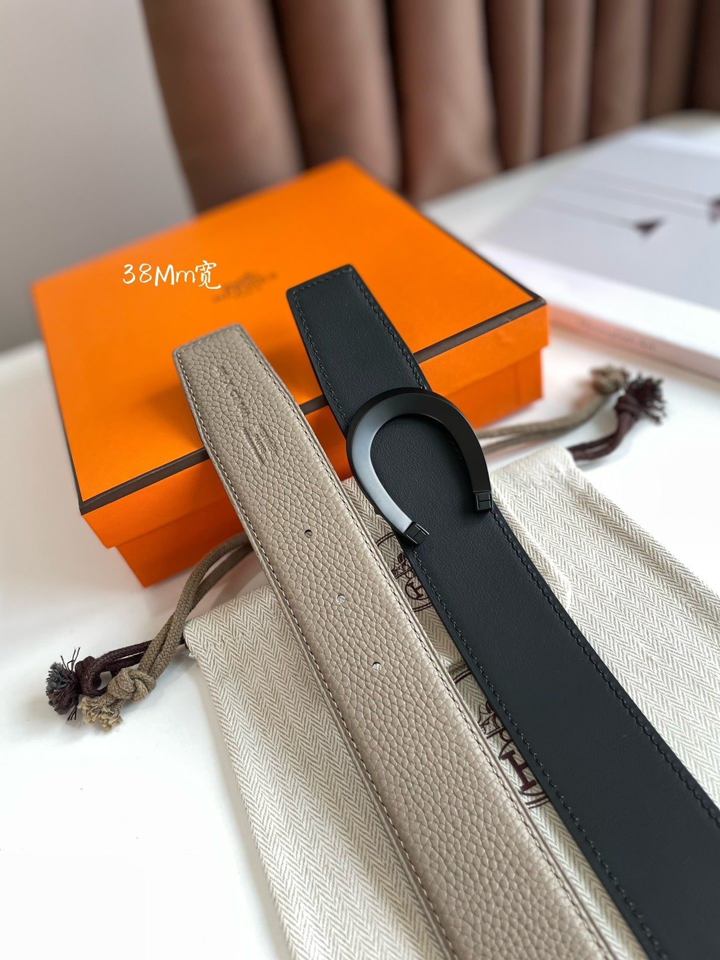 HERMES LUCK BELT BUCKLE & REVERSIBLE KHAKI BROWN LEATHER STRAP 38MM BLACK HARDWARE
