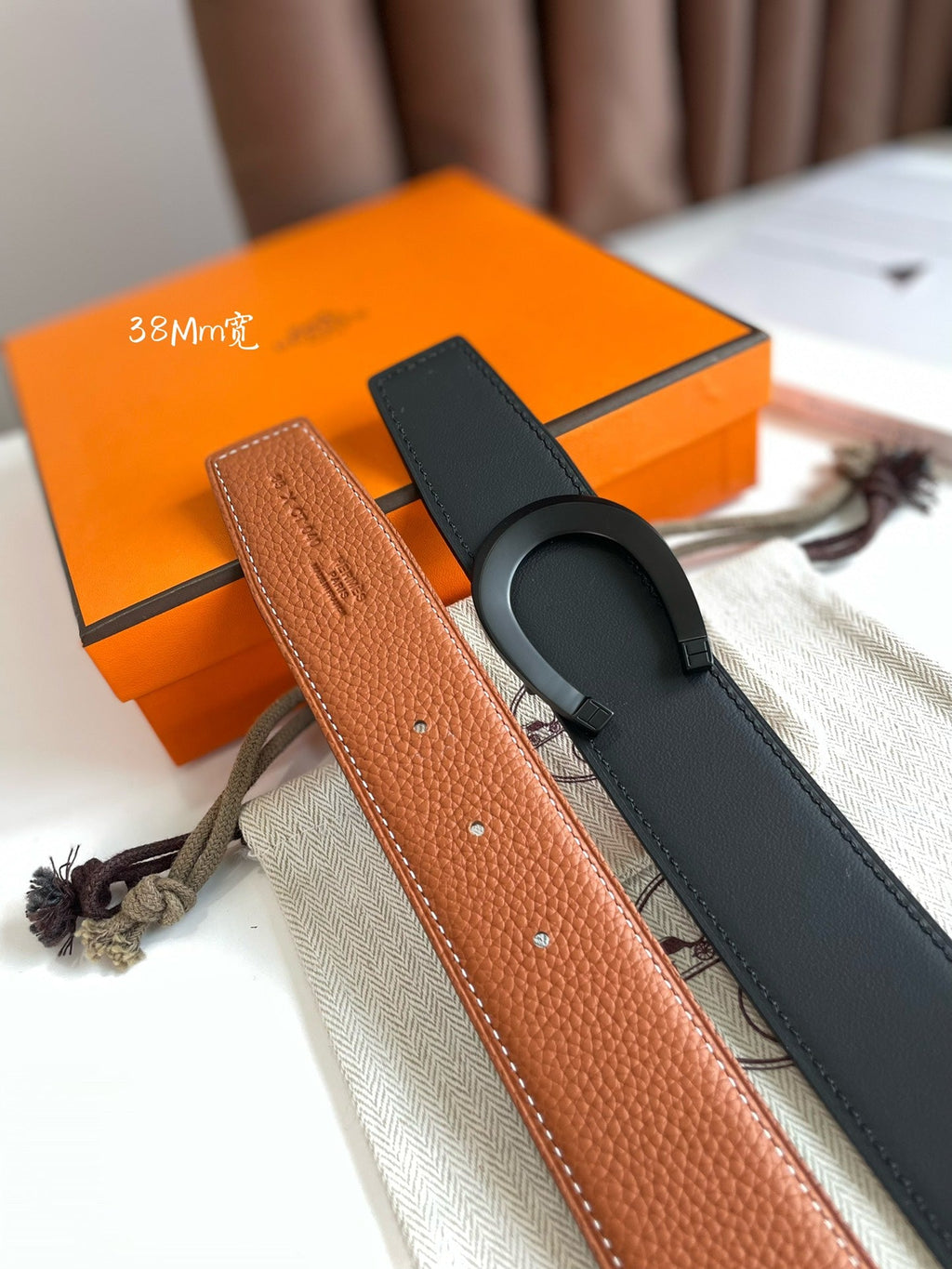 HERMES LUCK BELT BUCKLE & REVERSIBLE GINGER ORANGE LEATHER STRAP 38MM BLACK HARDWARE