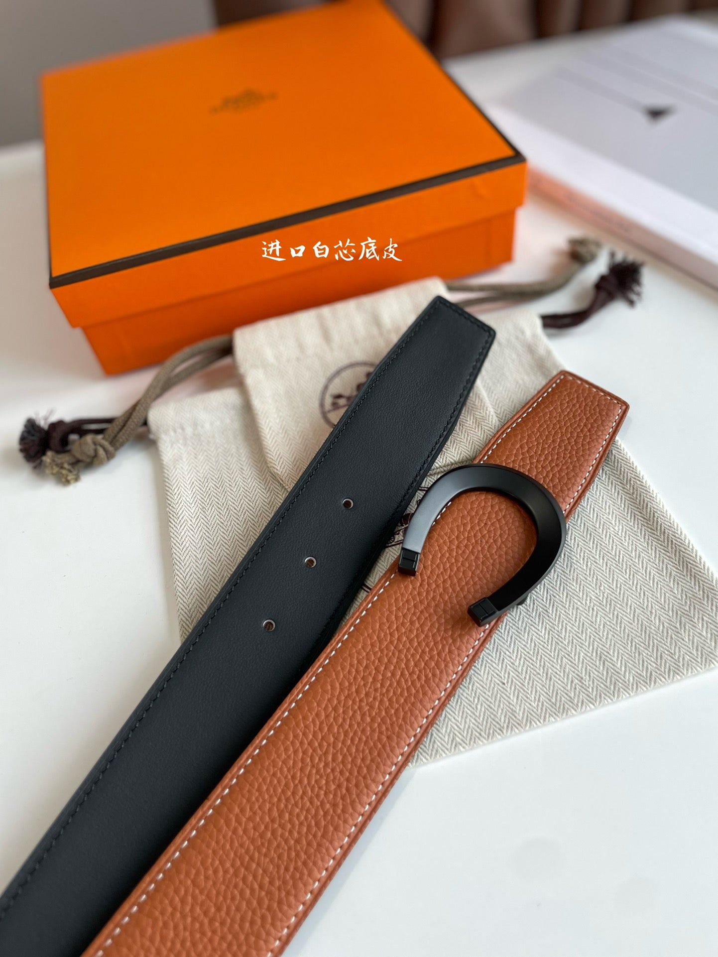 HERMES LUCK BELT BUCKLE & REVERSIBLE GINGER ORANGE LEATHER STRAP 38MM BLACK HARDWARE