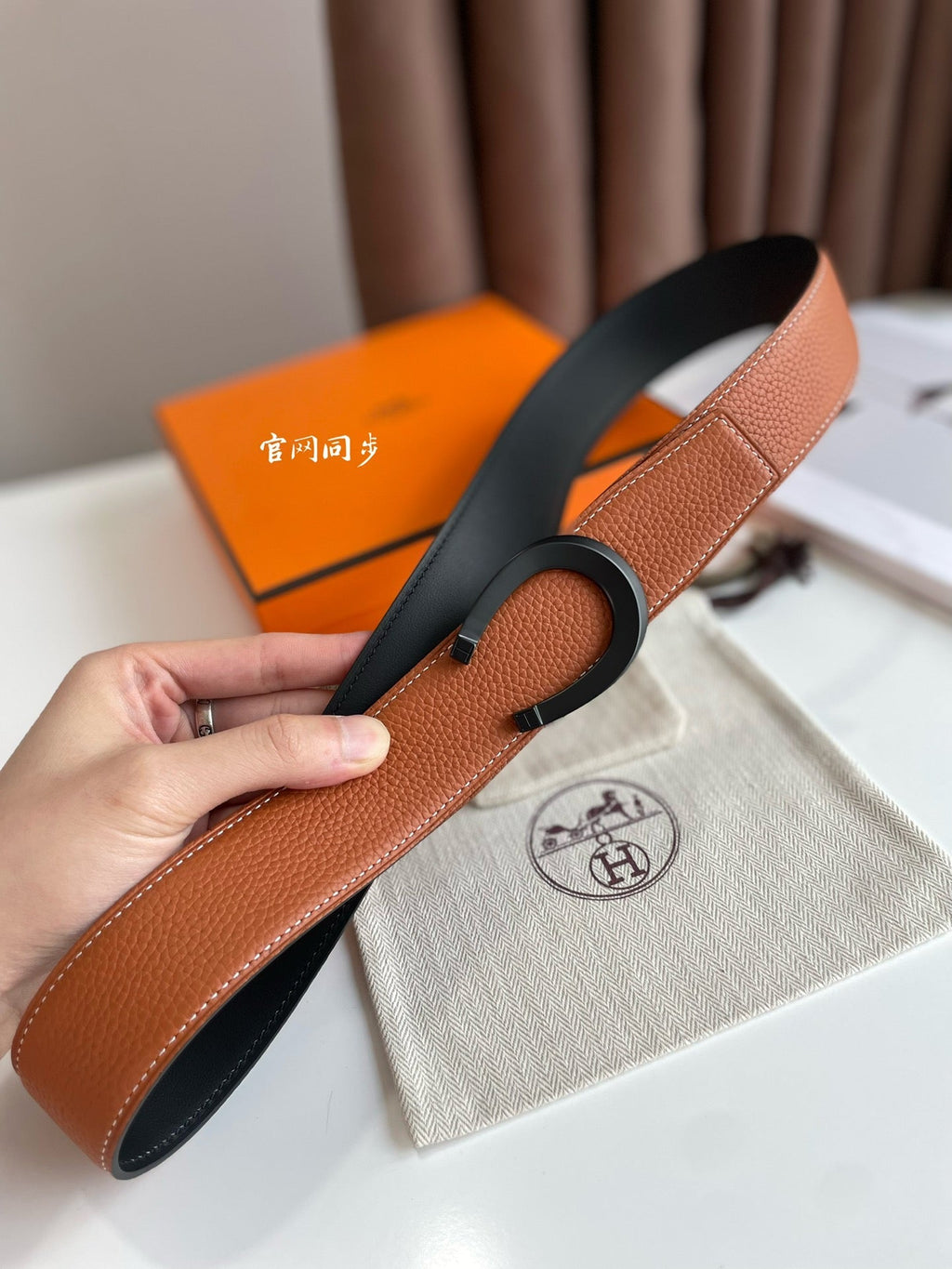 HERMES LUCK BELT BUCKLE & REVERSIBLE GINGER ORANGE LEATHER STRAP 38MM BLACK HARDWARE