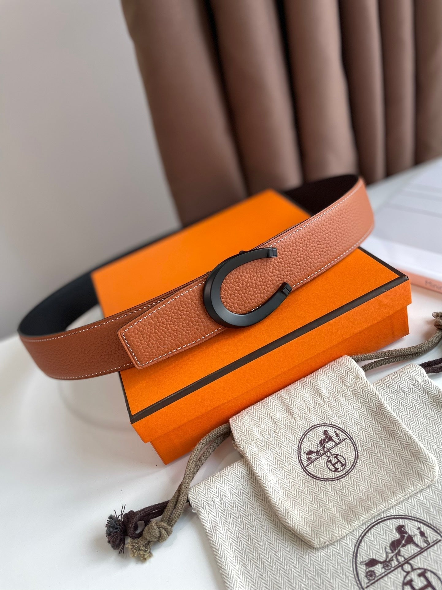 HERMES LUCK BELT BUCKLE & REVERSIBLE GINGER ORANGE LEATHER STRAP 38MM BLACK HARDWARE