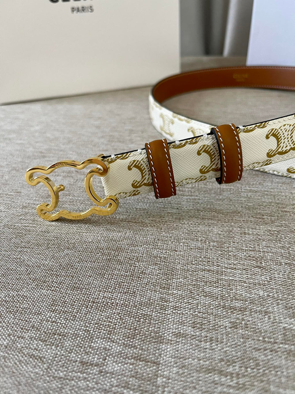 CELINE CL logo Cut-out Belt 25mm White Tan Triomphe Canvas Ghw