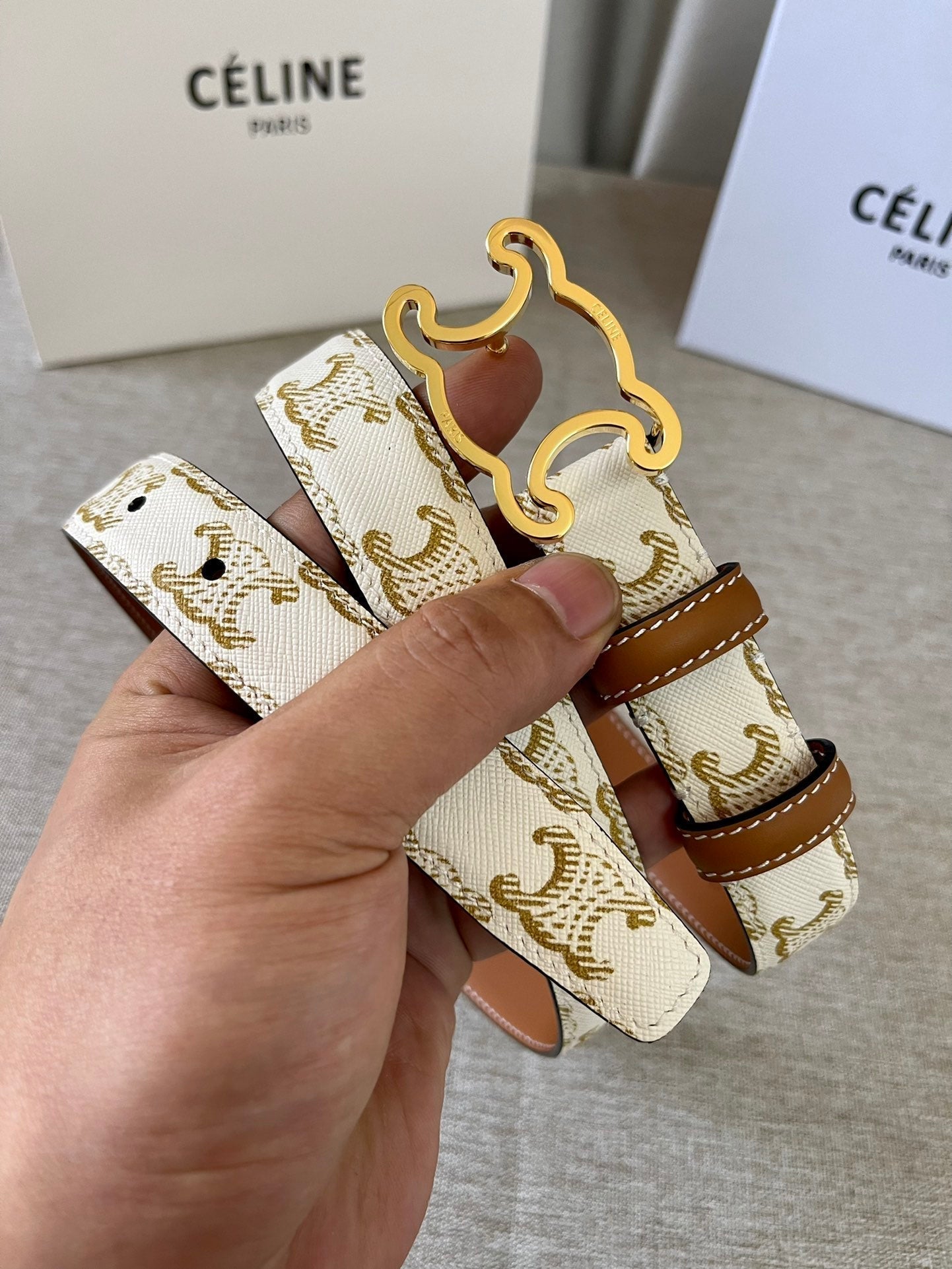 CELINE CL logo Cut-out Belt 25mm White Tan Triomphe Canvas Ghw