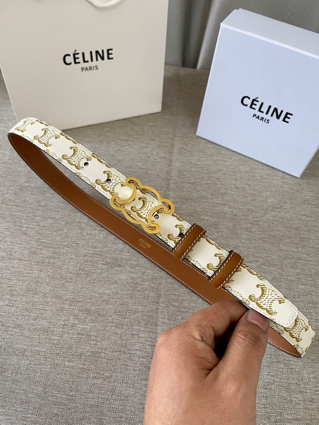 CELINE CL logo Cut-out Belt 25mm White Tan Triomphe Canvas Ghw