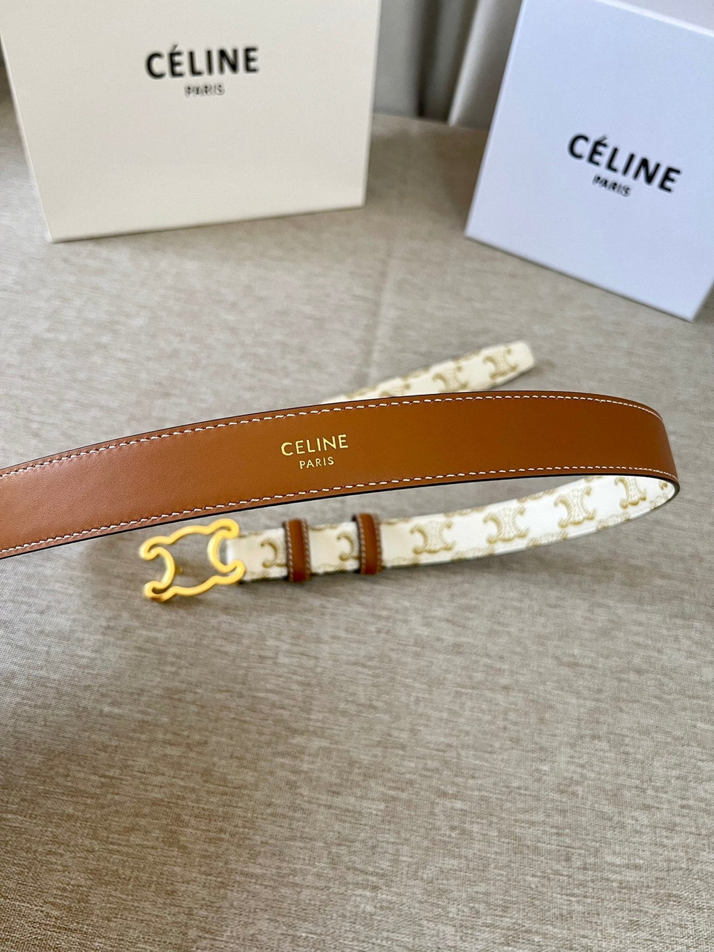CELINE CL logo Cut-out Belt 25mm White Tan Triomphe Canvas Ghw