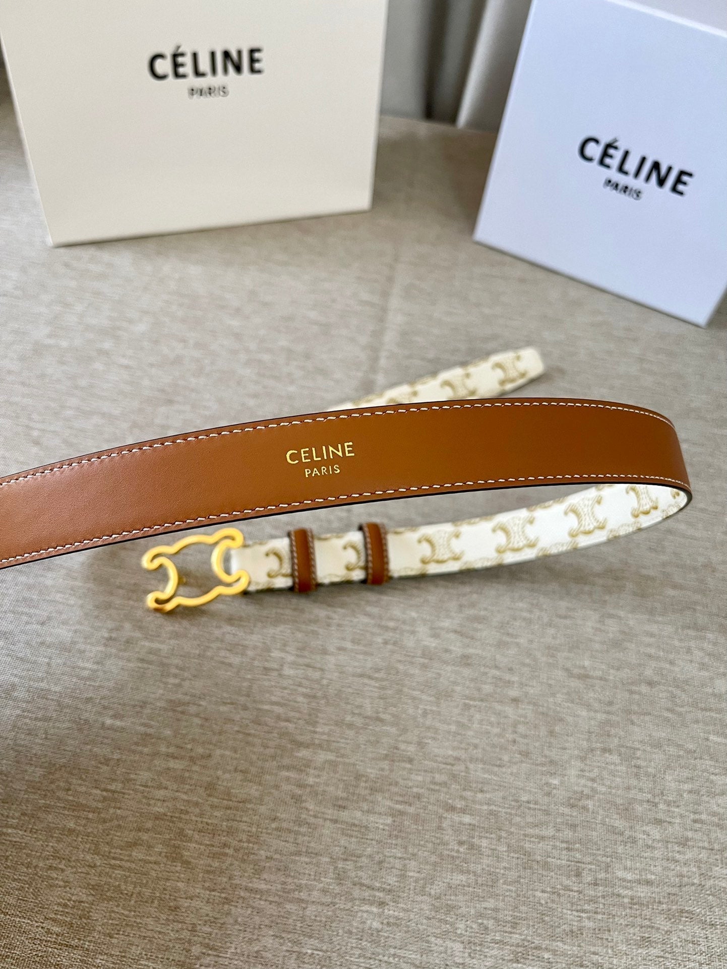 CELINE CL logo Cut-out Belt 25mm White Tan Triomphe Canvas Ghw