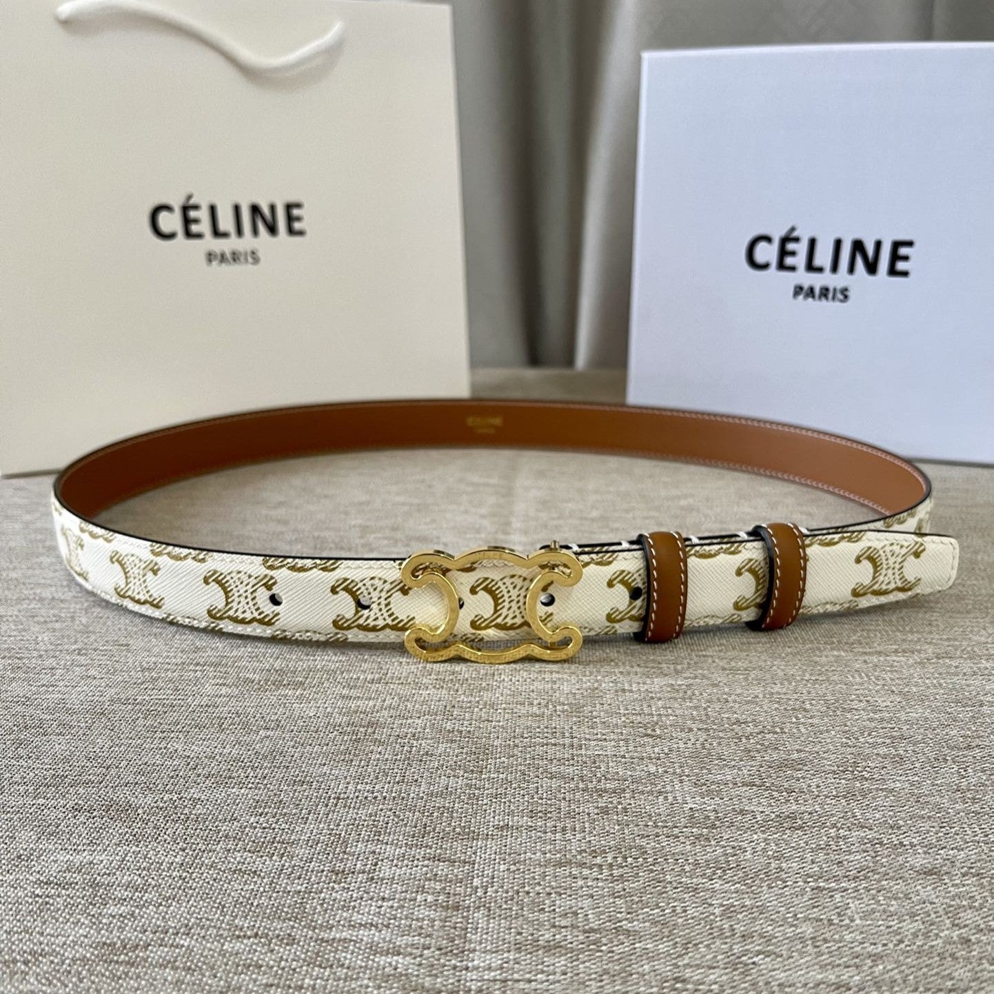CELINE CL logo Cut-out Belt 25mm White Tan Triomphe Canvas Ghw