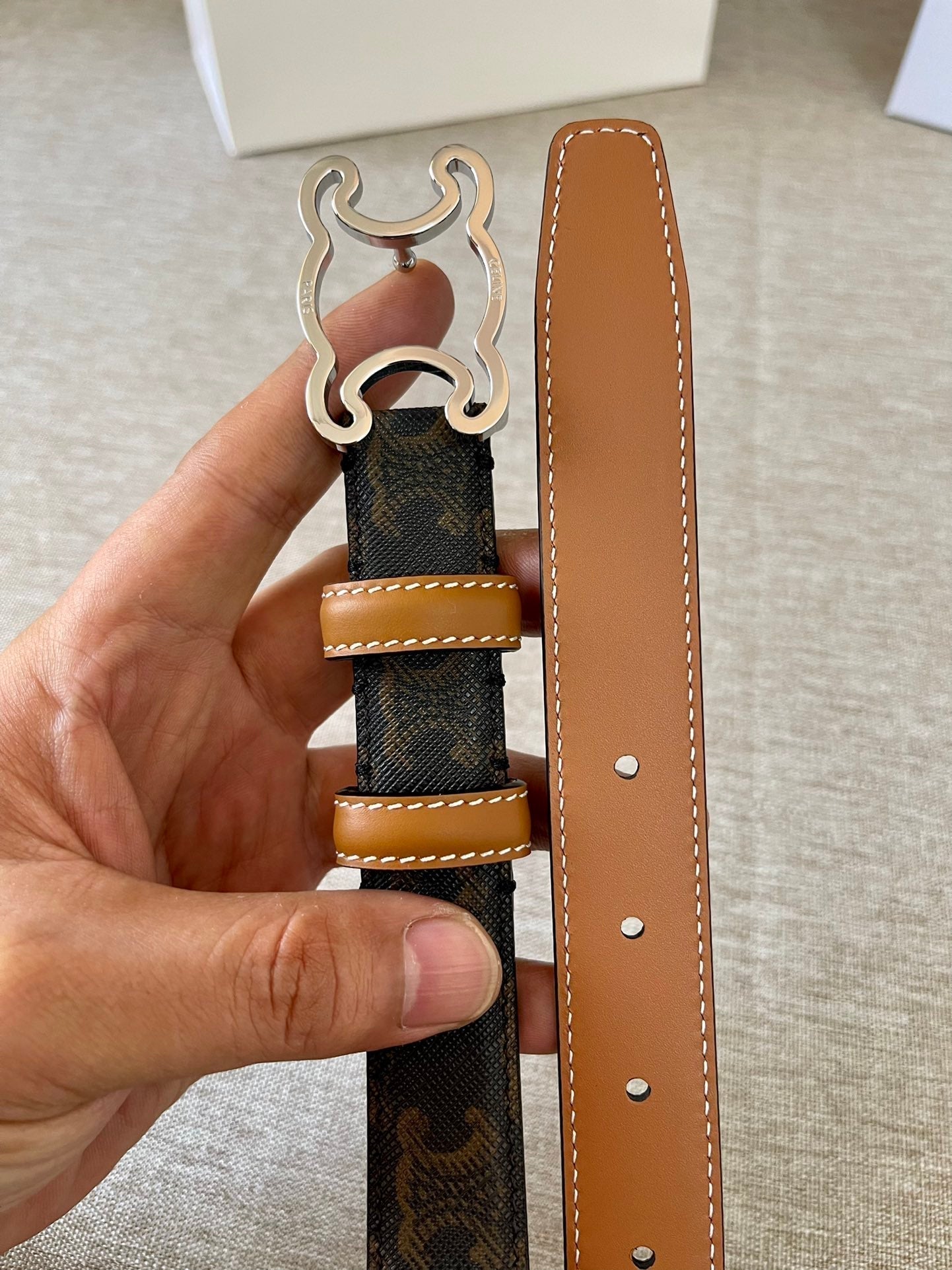 CELINE CL logo Cut-out Belt 25mm Black Tan Triomphe Canvas Shw
