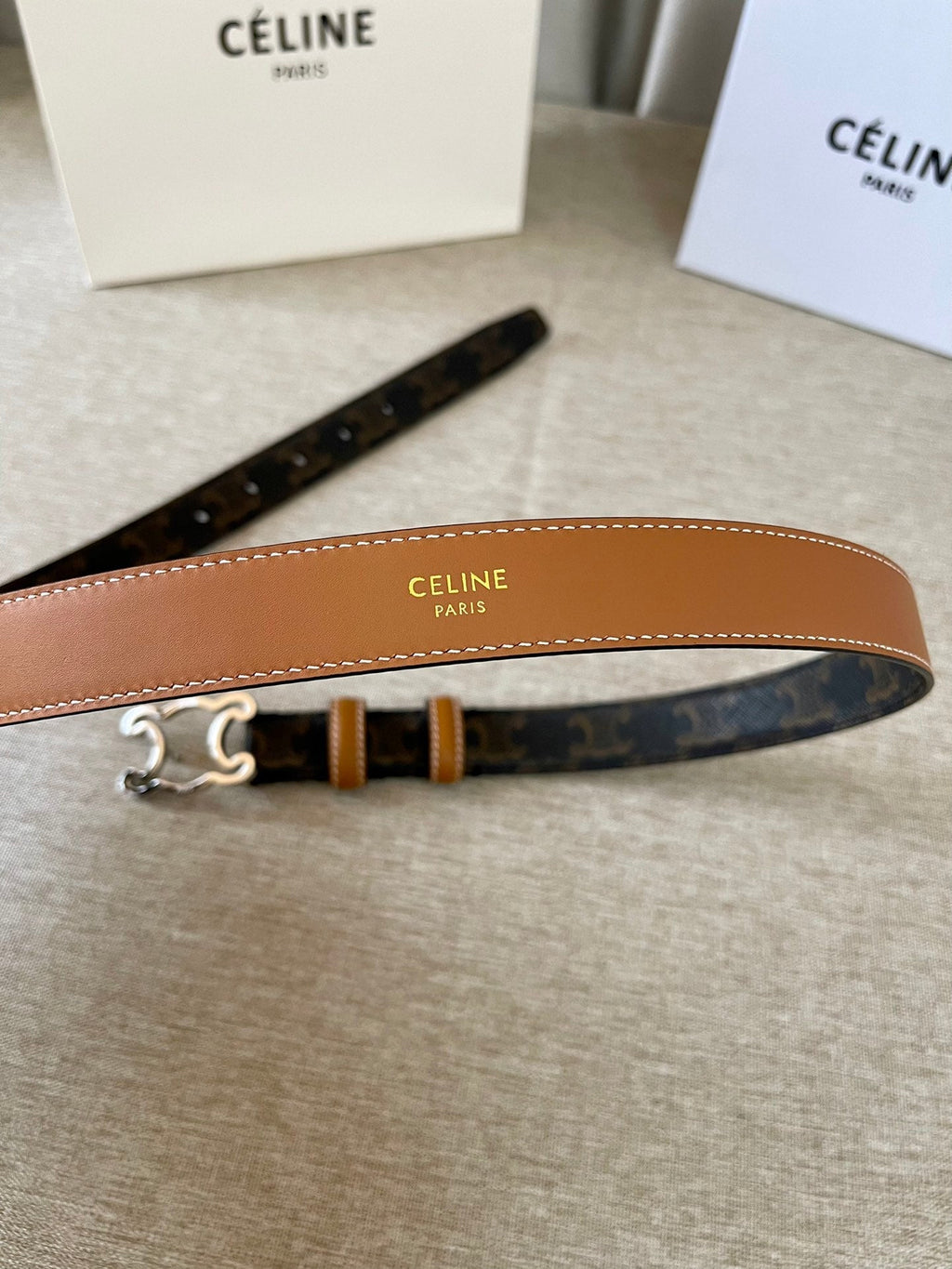 CELINE CL logo Cut-out Belt 25mm Black Tan Triomphe Canvas Shw