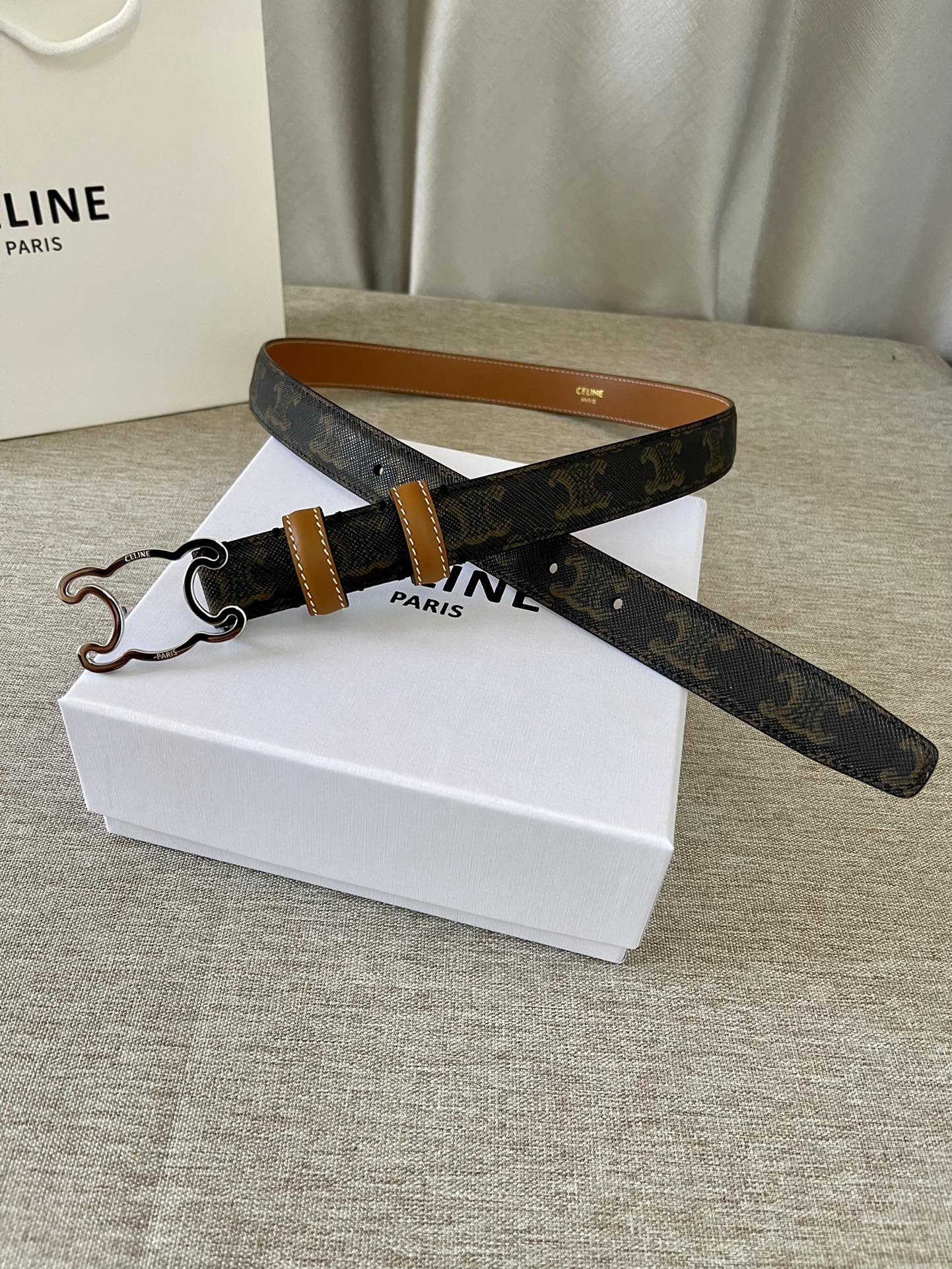 CELINE CL logo Cut-out Belt 25mm Black Tan Triomphe Canvas Shw