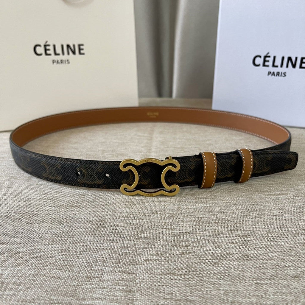 CELINE CL logo Cut-out Belt 25mm Black Tan Triomphe Canvas Ghw