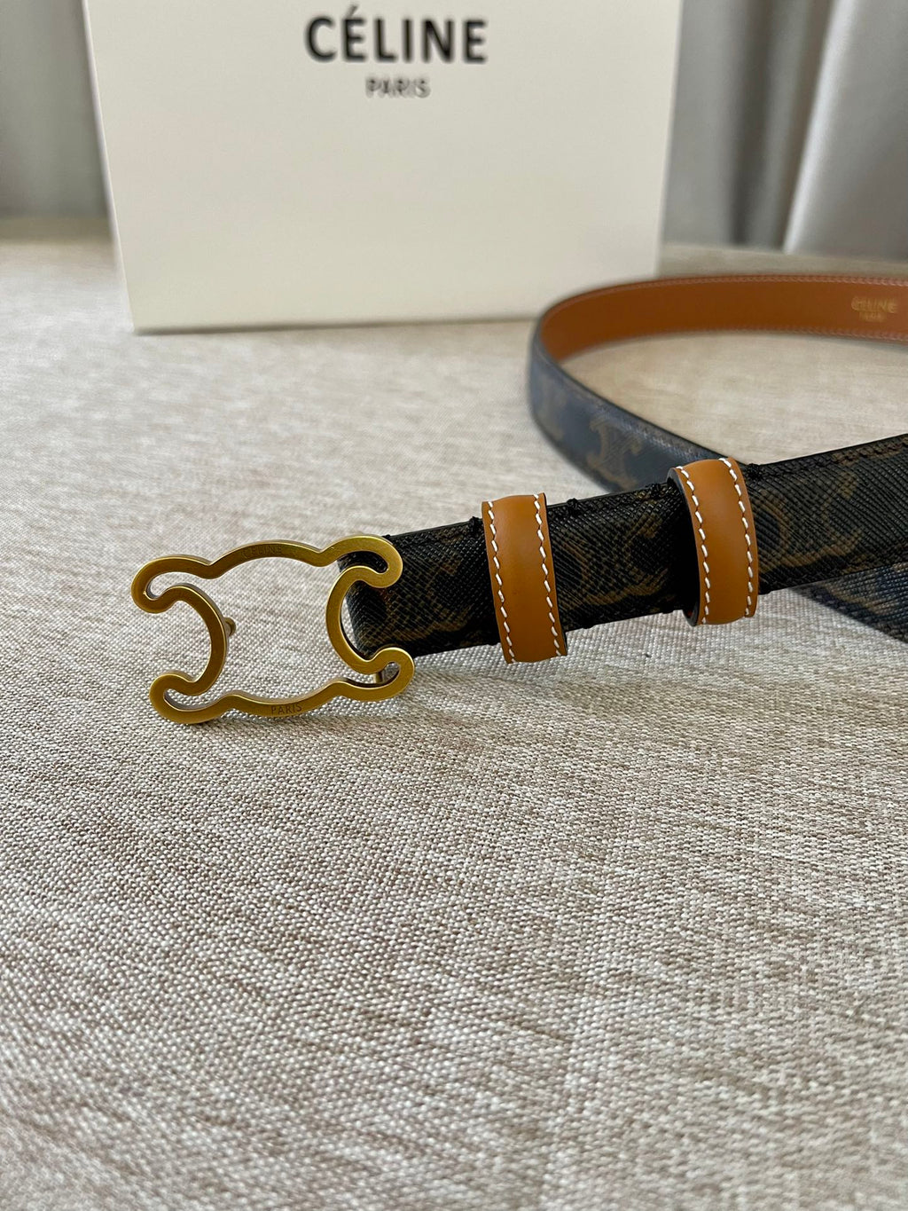 CELINE CL logo Cut-out Belt 25mm Black Tan Triomphe Canvas Ghw