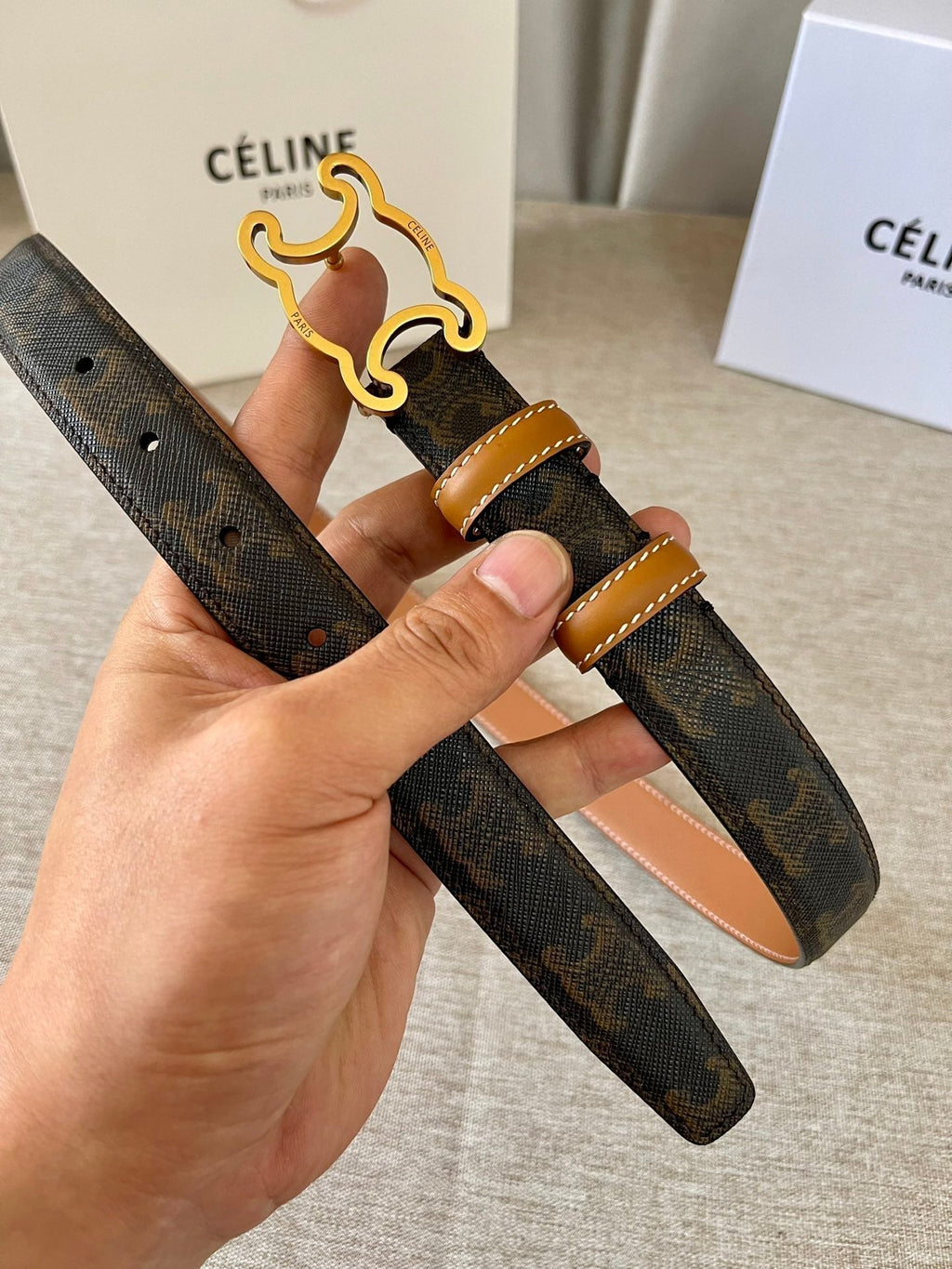 CELINE CL logo Cut-out Belt 25mm Black Tan Triomphe Canvas Ghw