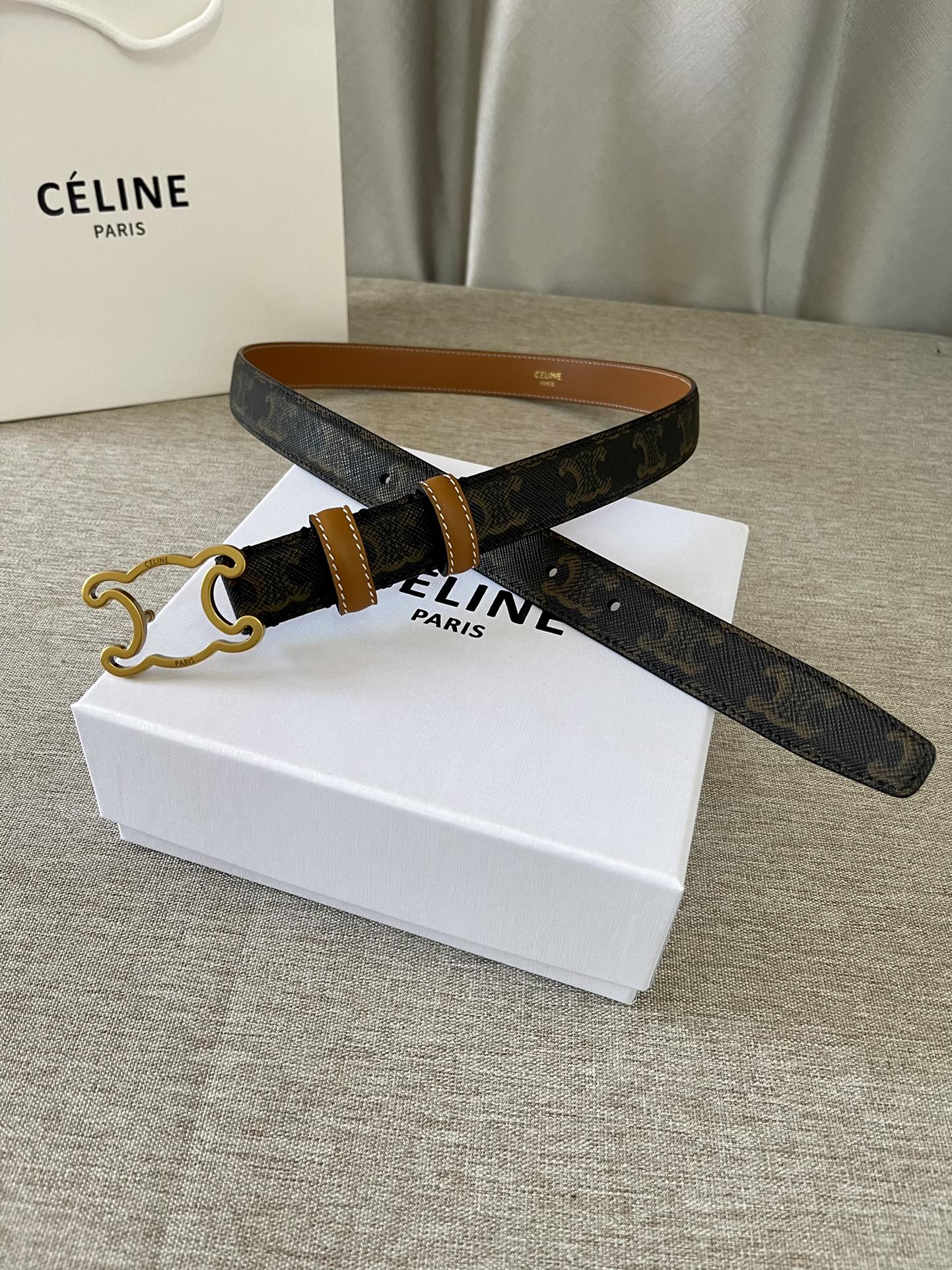 CELINE CL logo Cut-out Belt 25mm Black Tan Triomphe Canvas Ghw