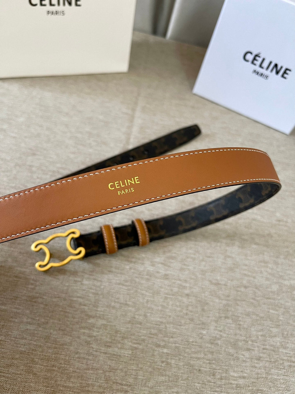 CELINE CL logo Cut-out Belt 25mm Black Tan Triomphe Canvas Ghw
