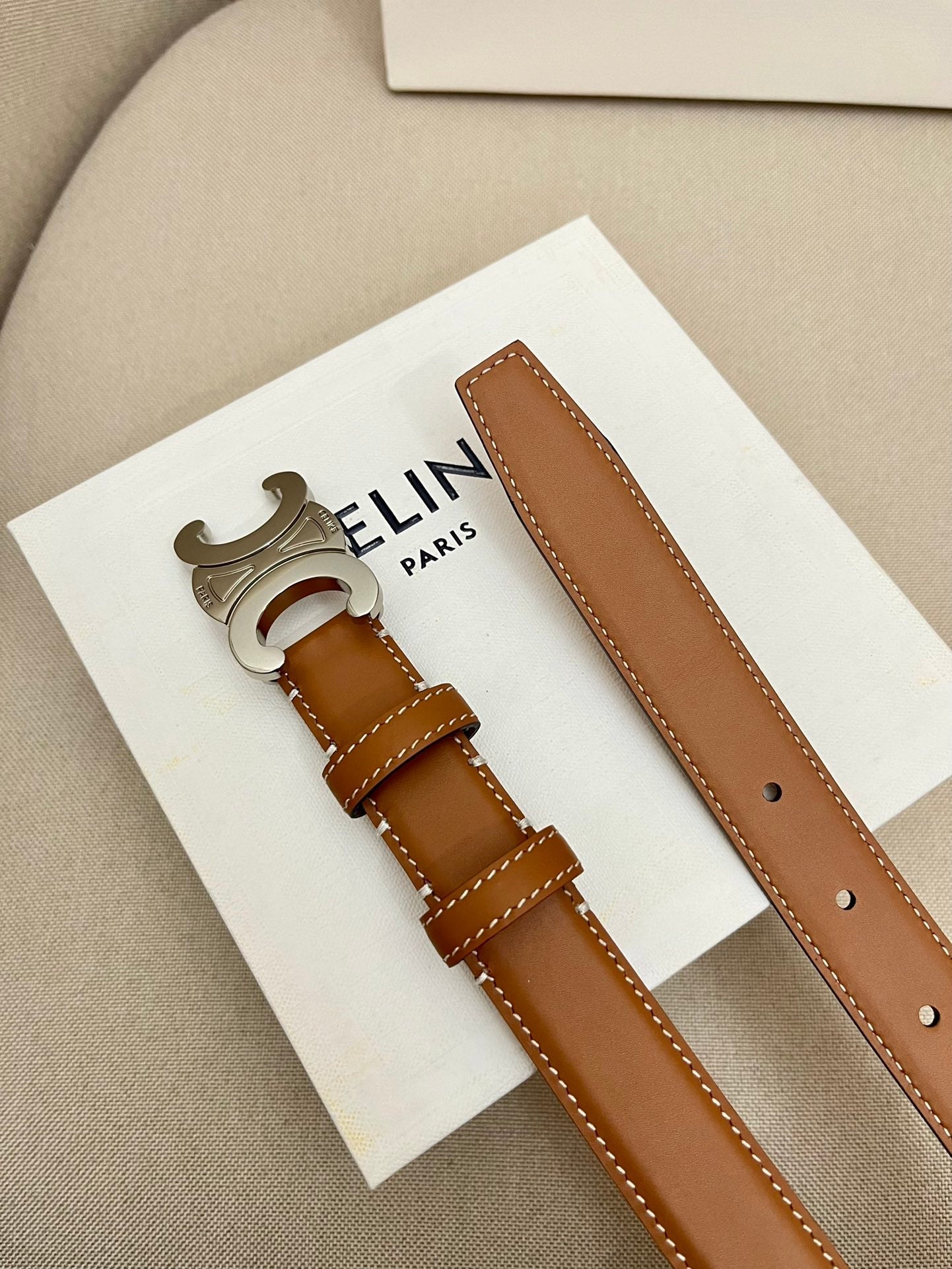 CELINE 25S TRIOMPHE 25MM BELT IN CARAMEL CALFSKIN SILVER HARDWARE